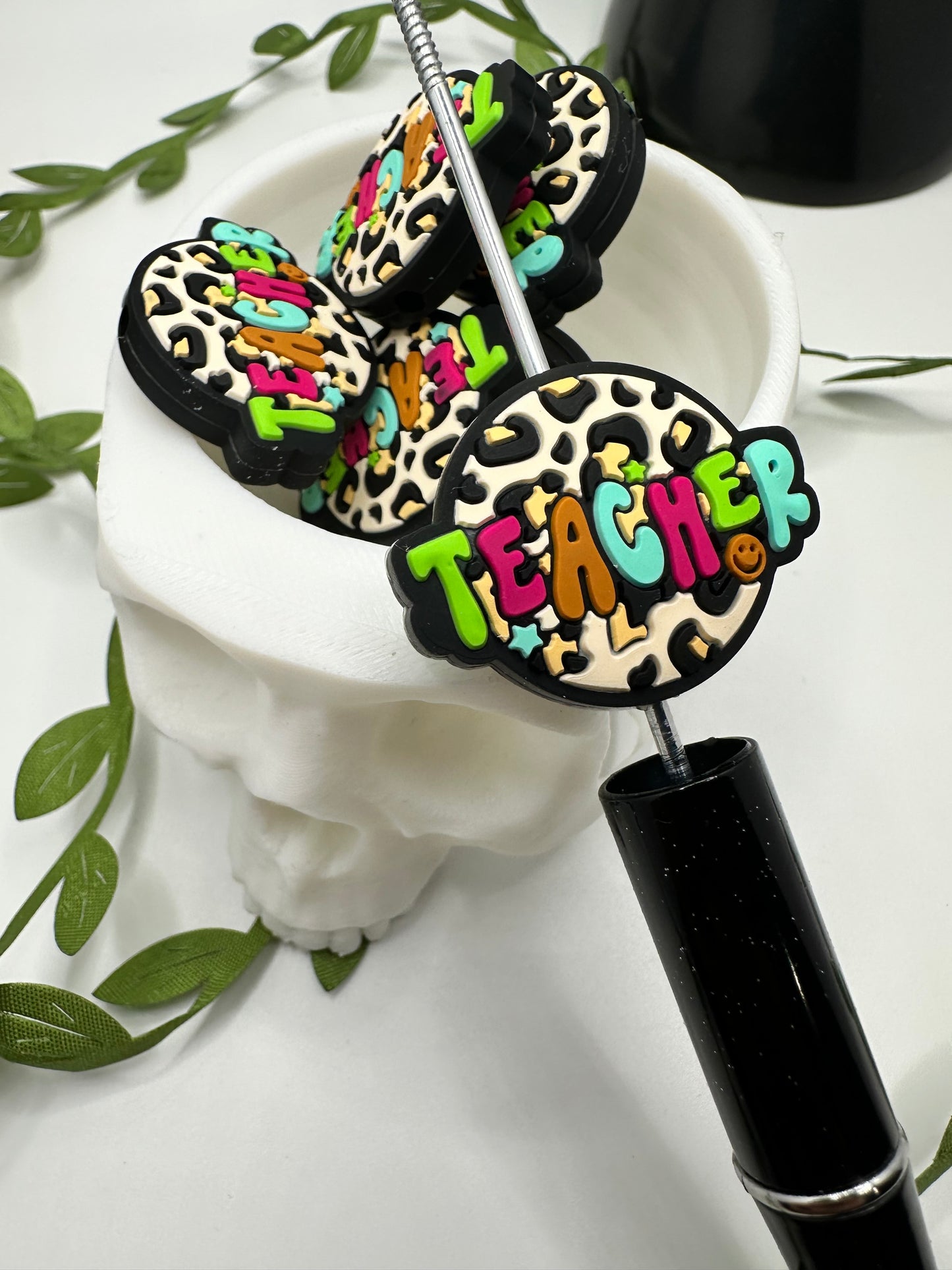 Teacher cheetah focal bead, silicone bead, silicone bead for pens, crafting beads, supplies, focal, silicone supply bead 24mm
