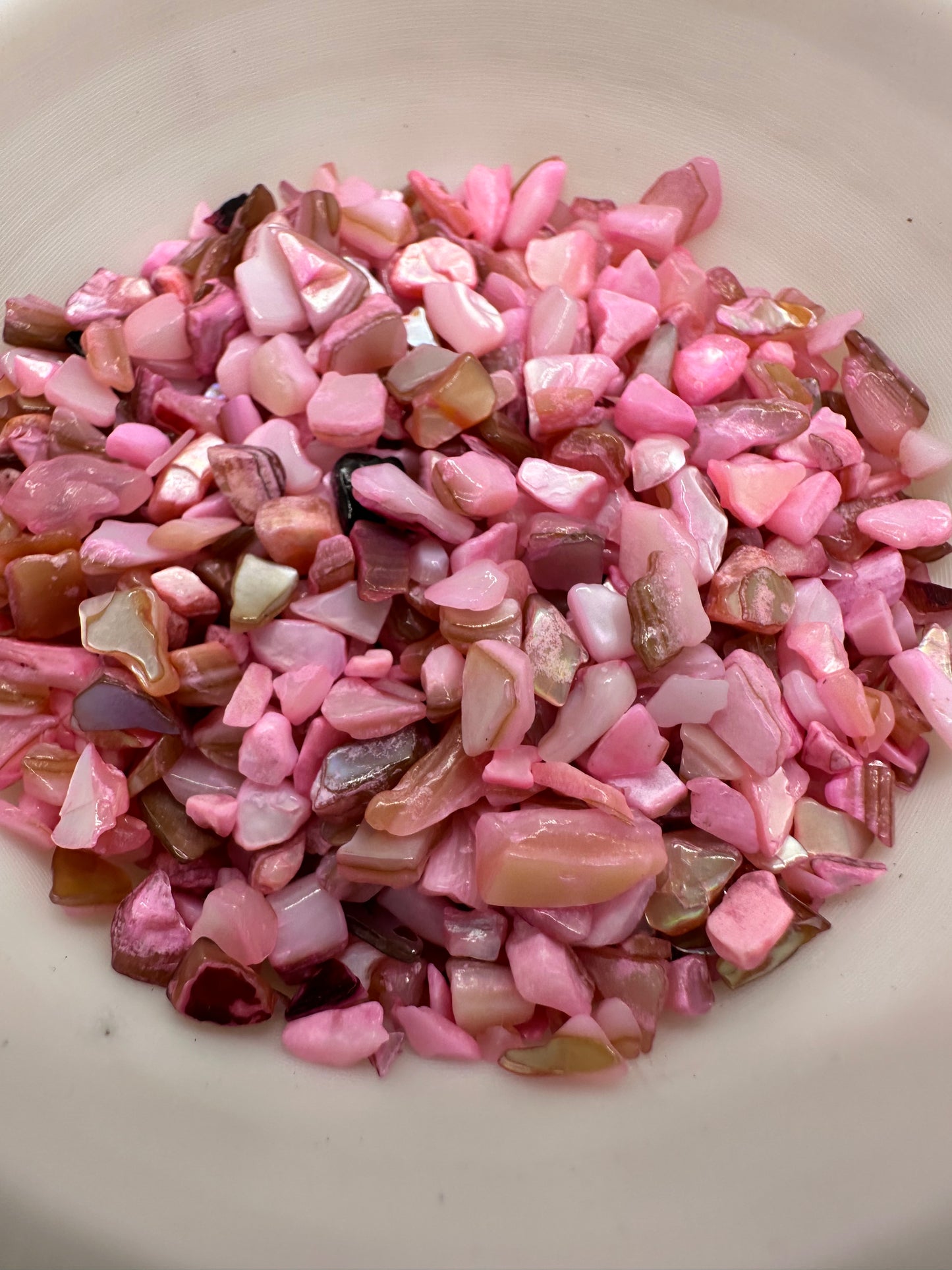 Pink dyed shell chip mix, filler, crafting chips, natural shell mix glossed chips, resin fillers, candle making supplies 1oz by weight
