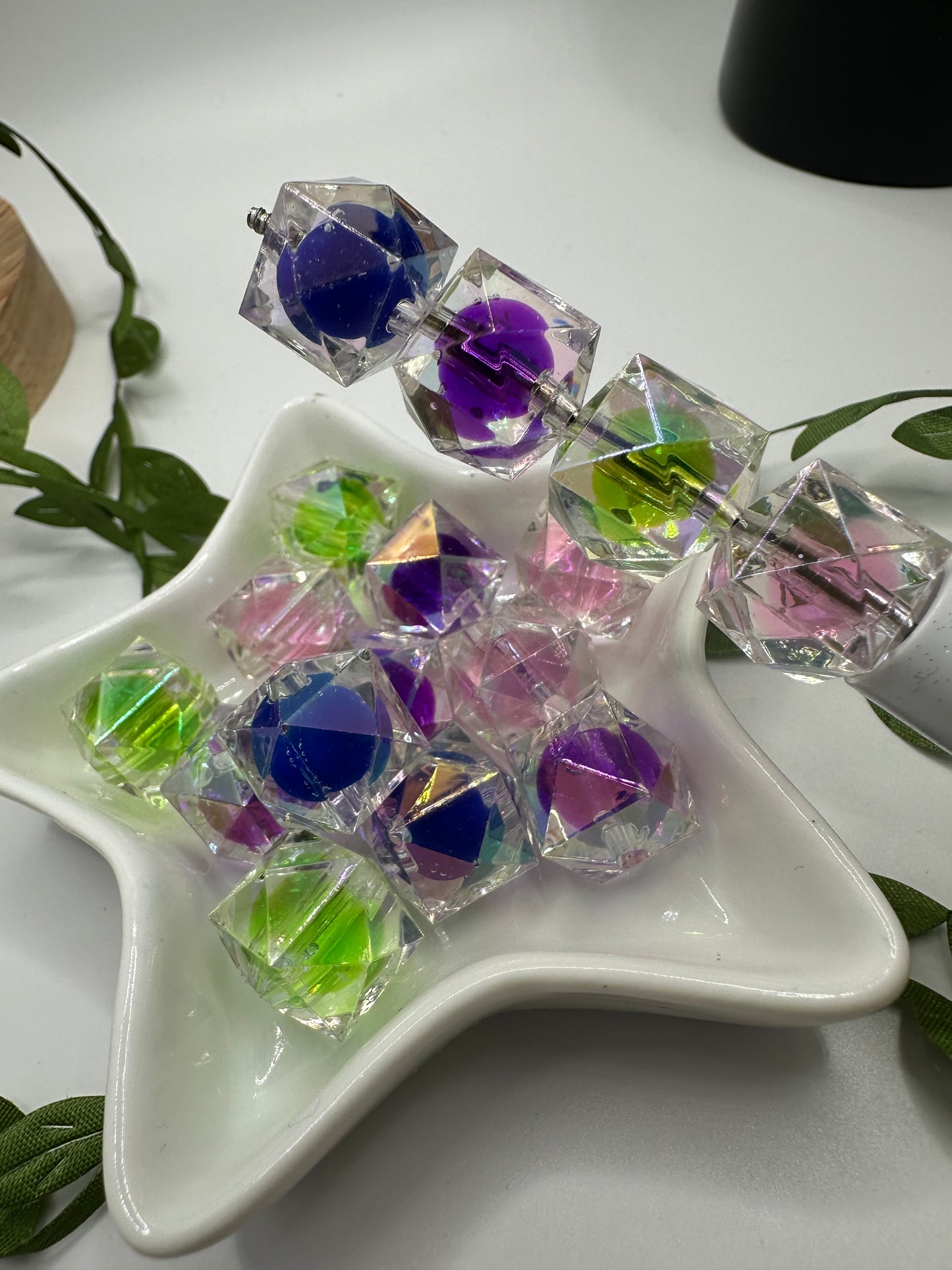 Double Hex style 1, acrylic 15mm beads for pens, beading supplies, bubblegum beads, holo beads, beading, multicolored iridescent bead