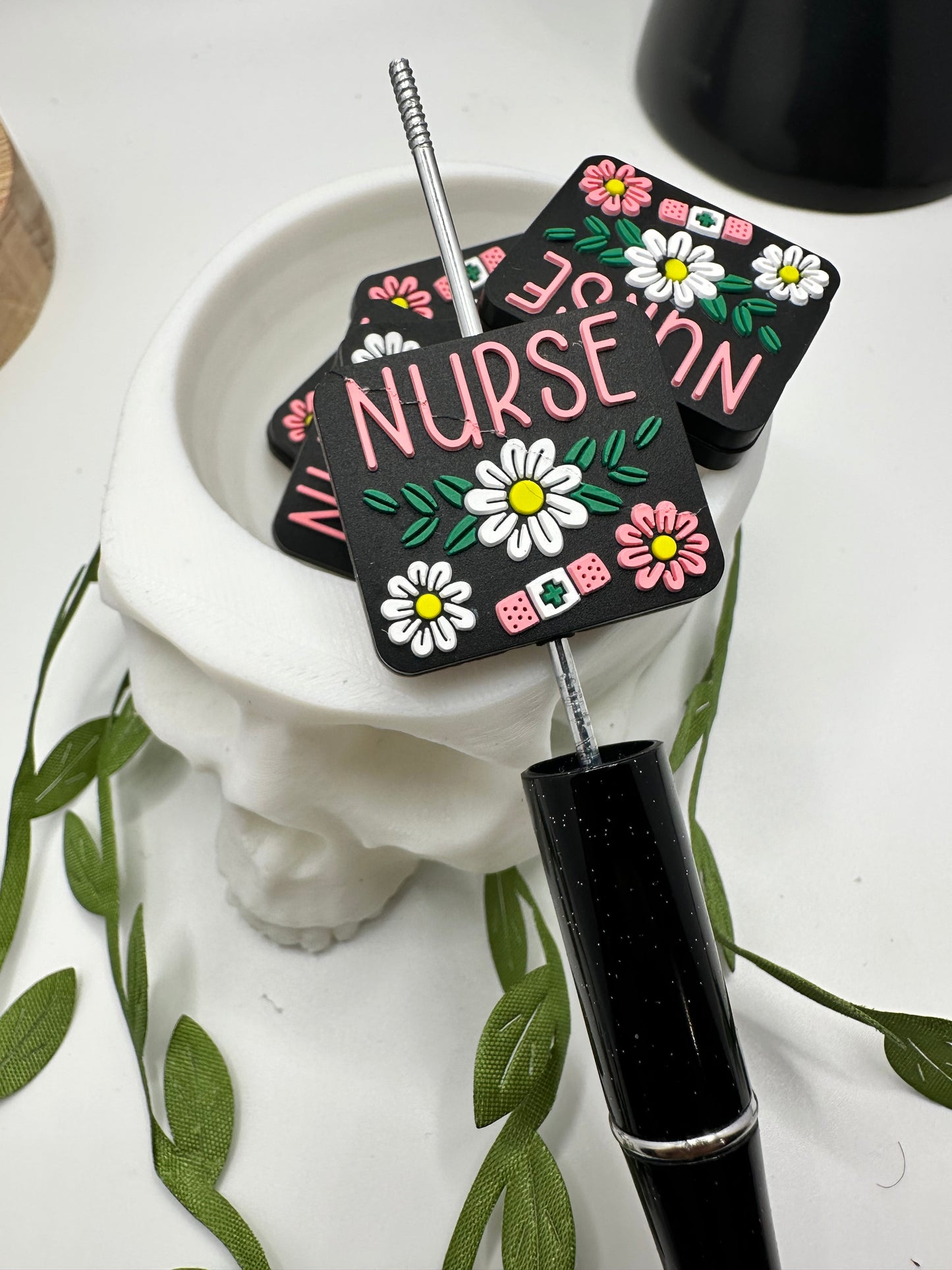 Nurse Floral bead, bead for pens, crafting beads, supplies, focal, supply bead, silicone focal beadable items, 1pc, 25.5mm