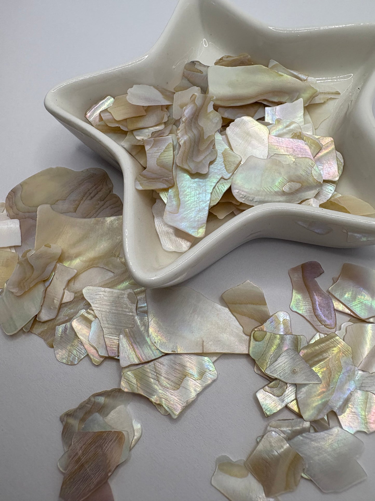 White mother pearl flake shell, shiny shell flake, resin fillers, candle making supplies .5oz by weight