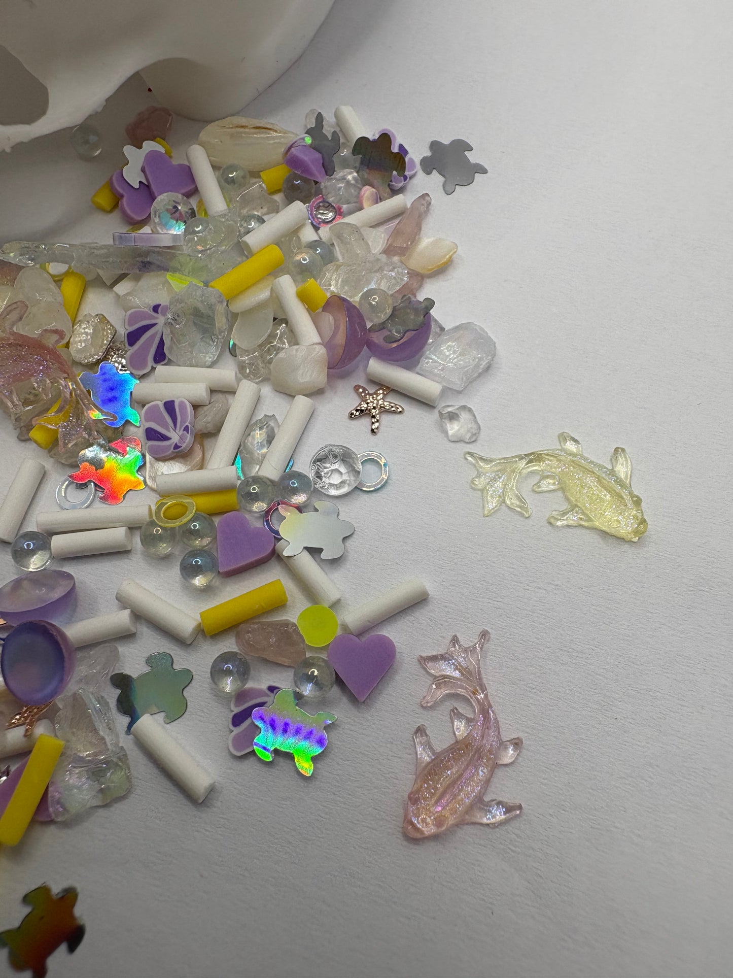 Ariel's Hourglass, Mixed glass chunks, holo glass, resin fish, clay slices, resin supplies, shaker fillers resin crafting 1oz wt.