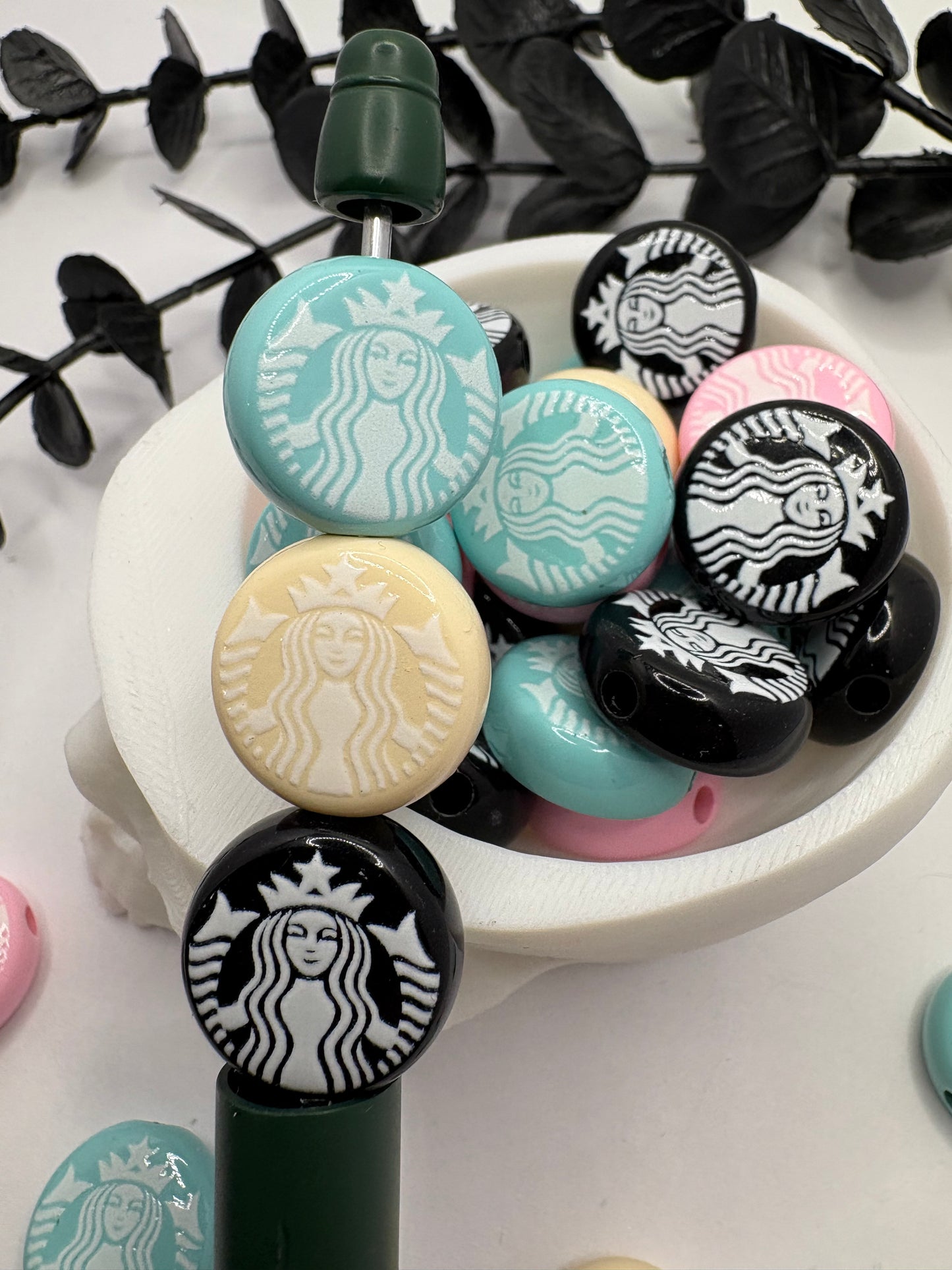 Coffee printed bead, acrylic 17.8mm beads for pens, beading supplies, beading, 5pc color mix