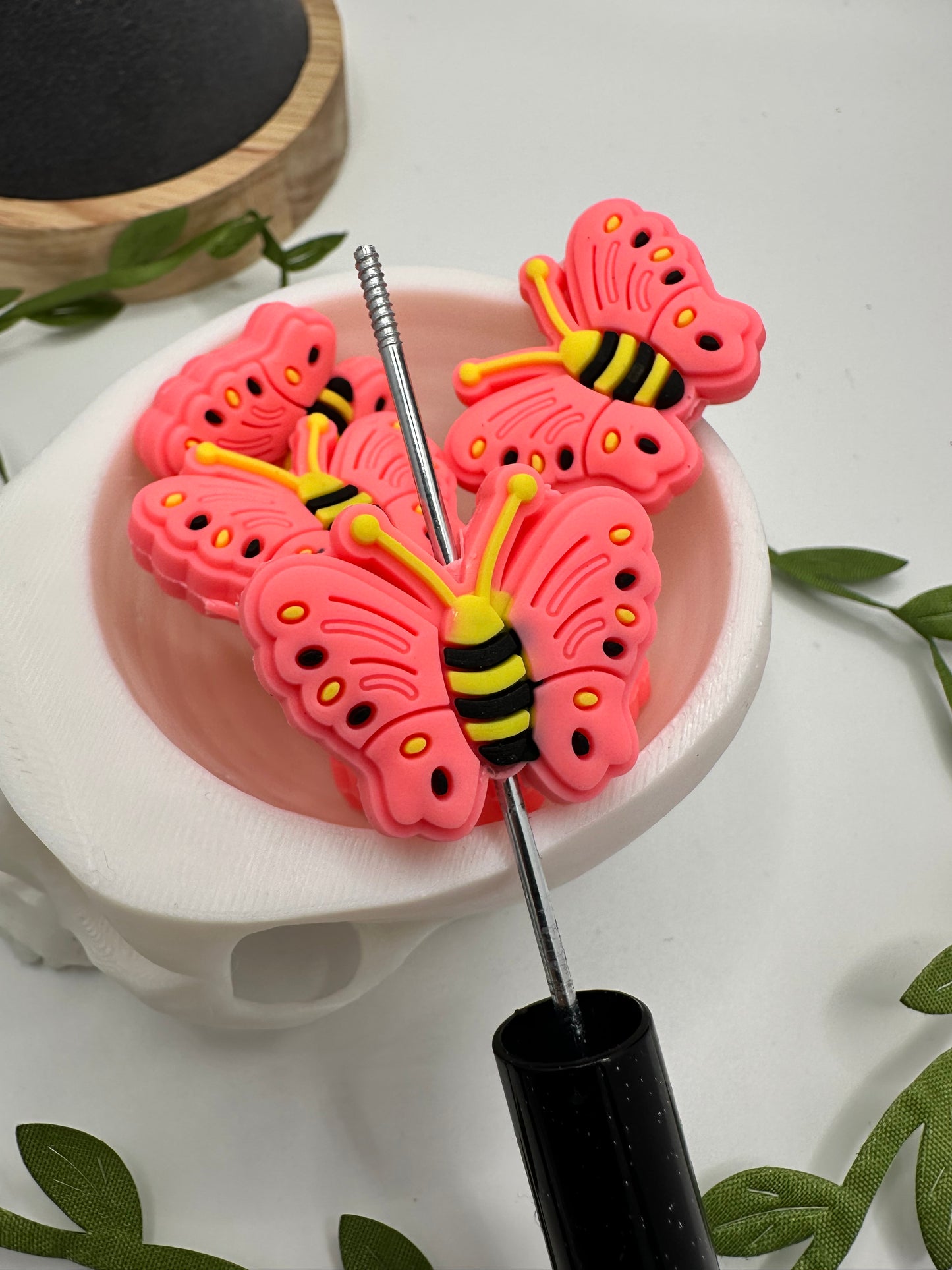 Pink butterfly bead for pens, crafting beads, supplies, focal, silicone bead, silicone focal for beadable items, 1pc 25.5mm