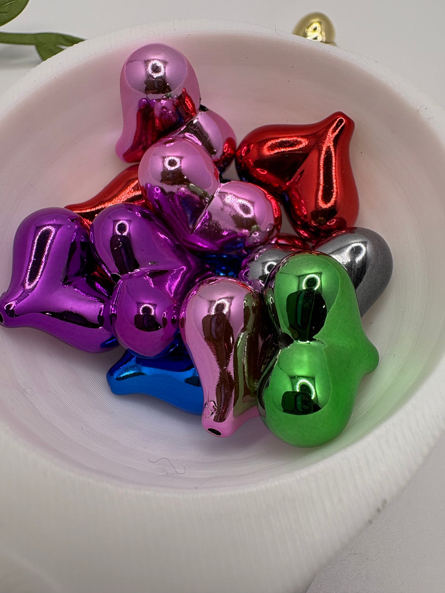 Metallic puff heart 5pc bead, acrylic 17mm beads for pens, beading supplies, beading, metallic heart 5pc mix
