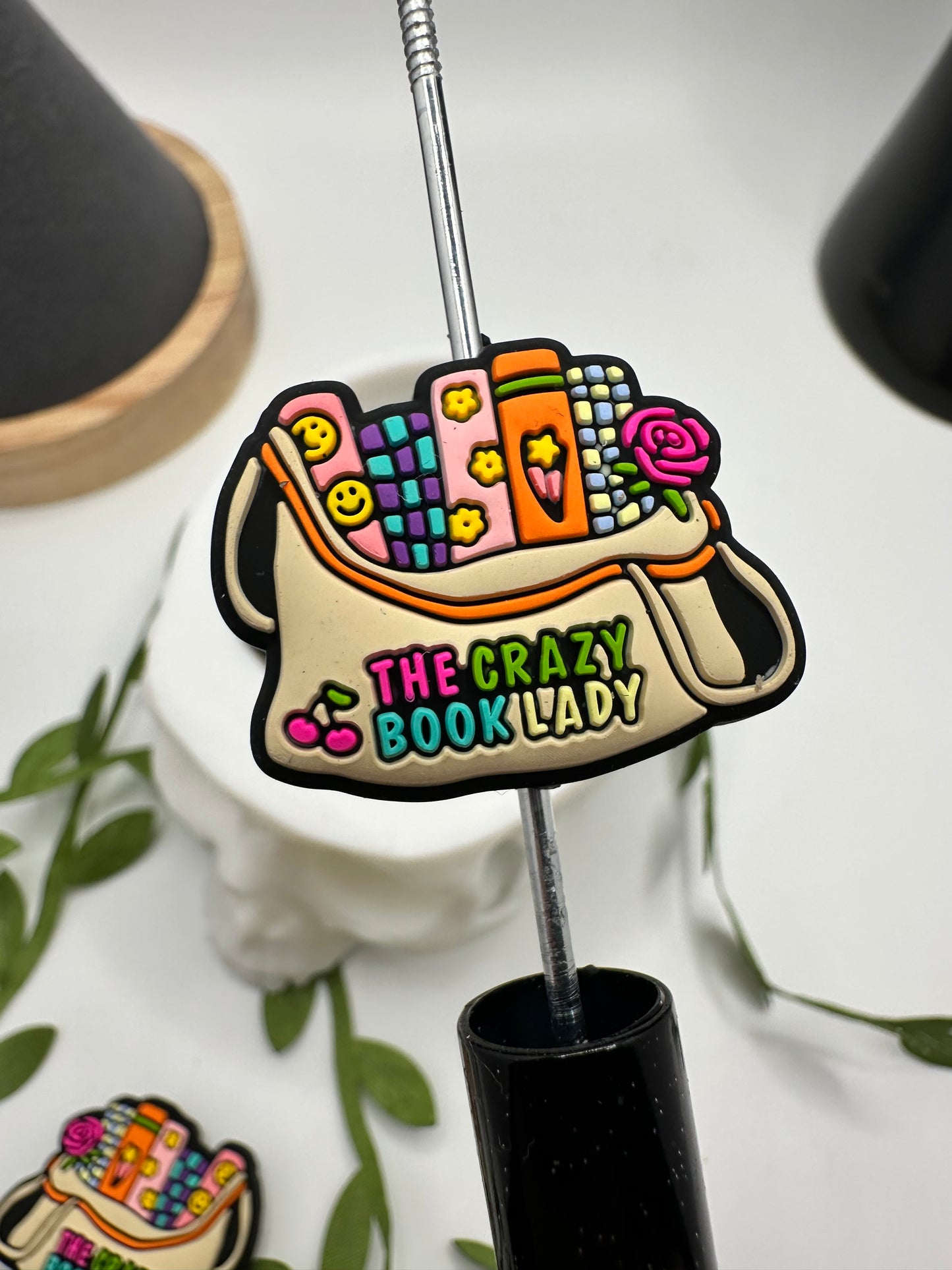 Crazy Book Lady focal bead, silicone bead, silicone bead for pens, crafting beads, supplies, focal, silicone supply bead 24mm