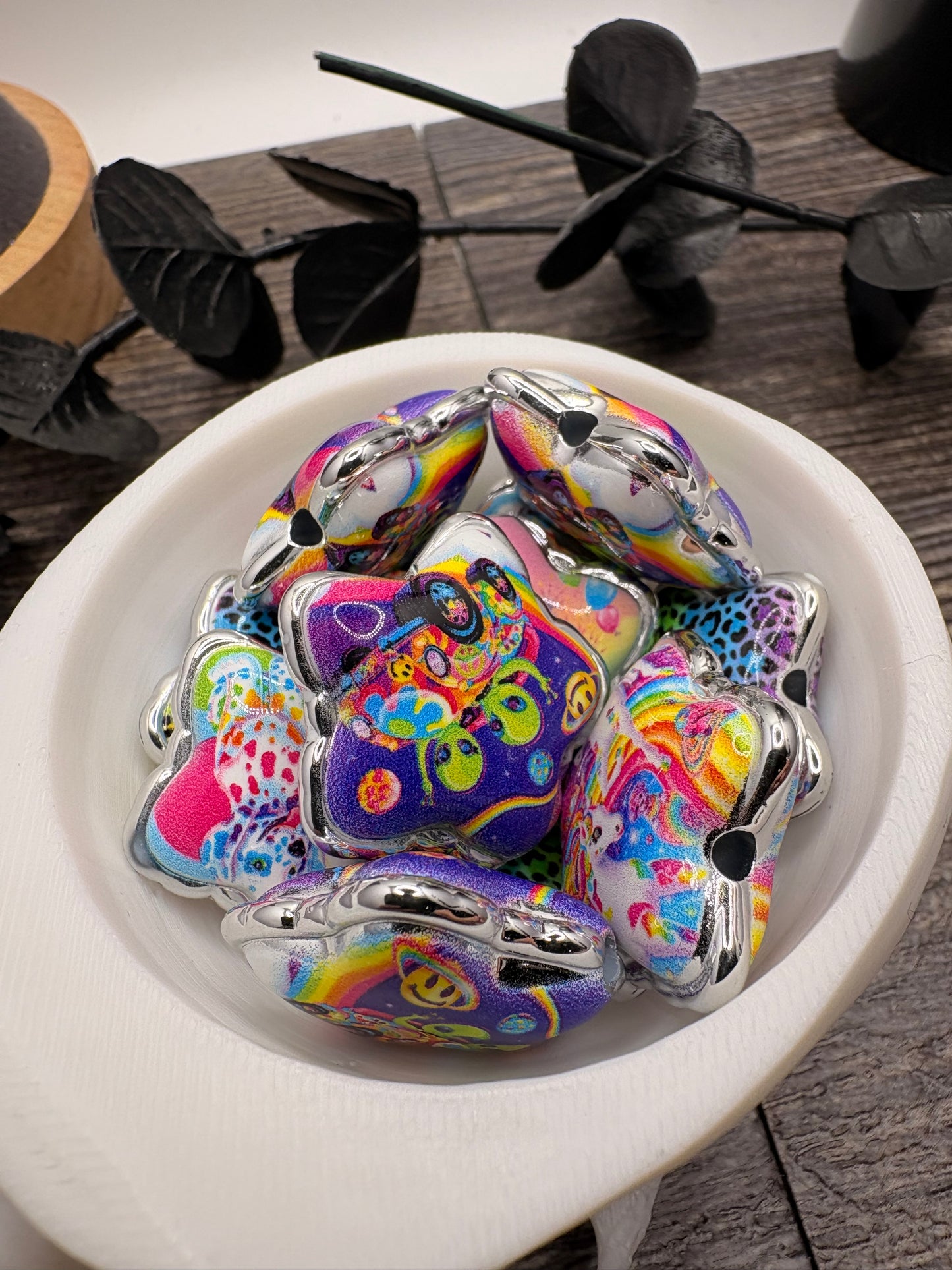 Rainbow Lisa printed beads, acrylic beads for pens, beading supplies, beading, fancy 24mm, 5pc