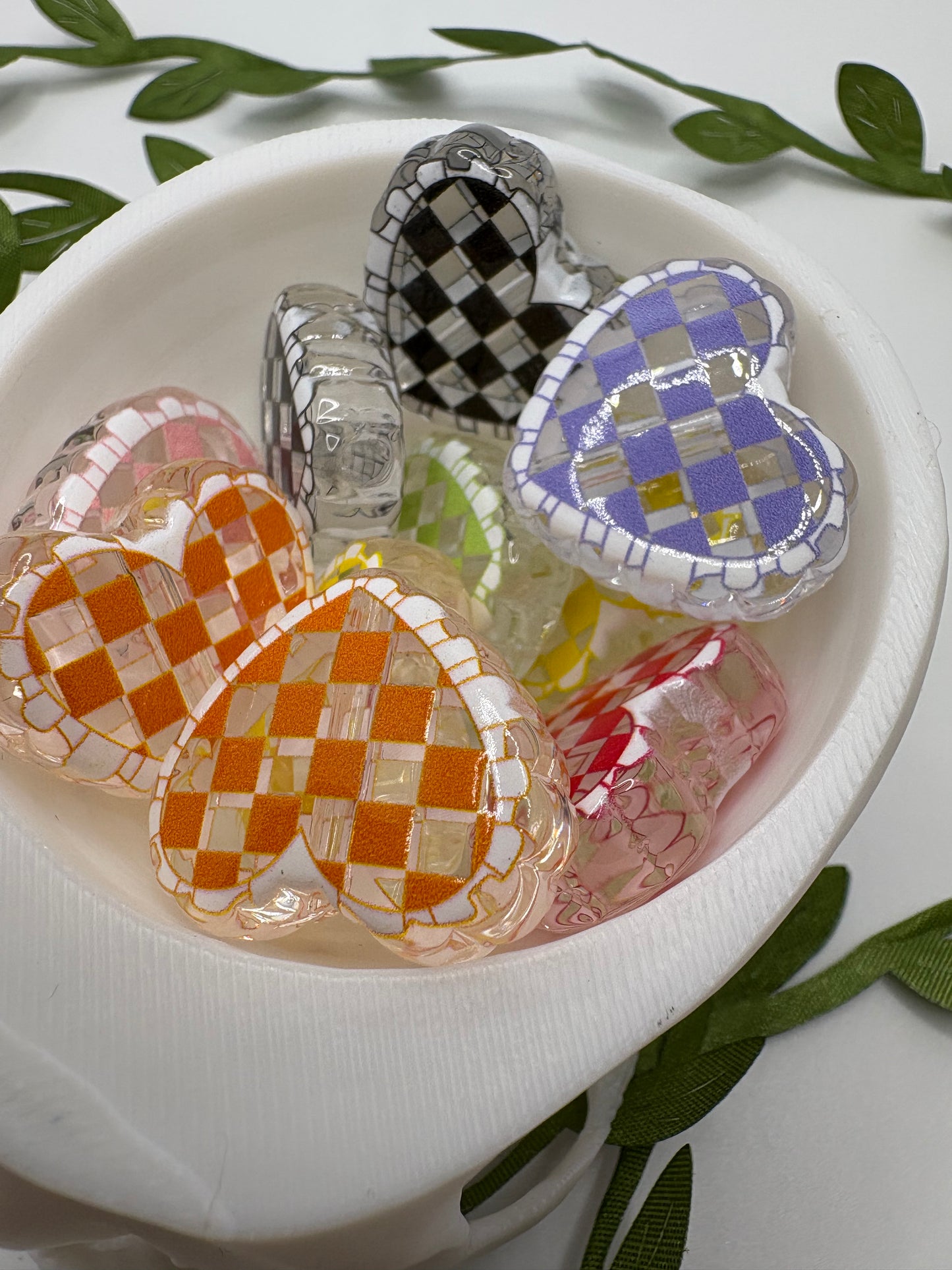 Checkered Heart beads, acrylic 21.5mm beads for pens, beading supplies, beading, mix colored hearts 5pc