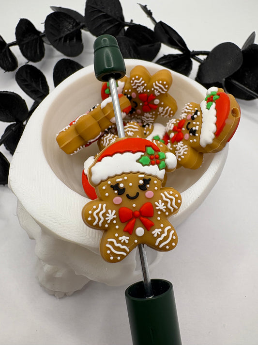 Gingerbread Bead, Silicone focal bead, cute bead for pens, double sided print 31mm, 1pc