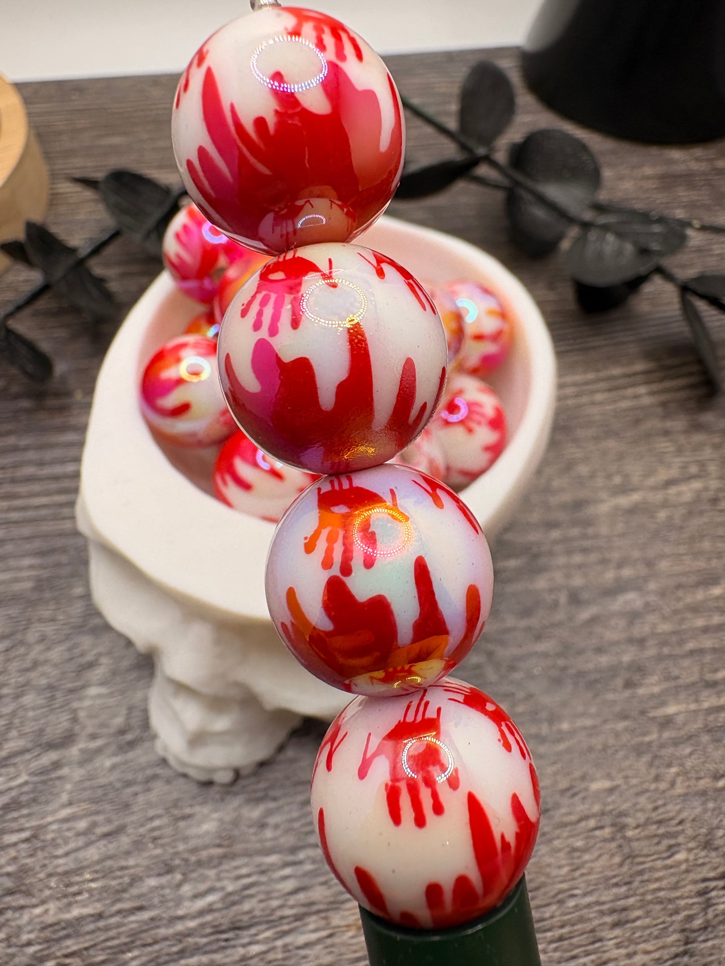Handprint Red Splattered UV bubblegum bead, acrylic 16mm beads for pens
