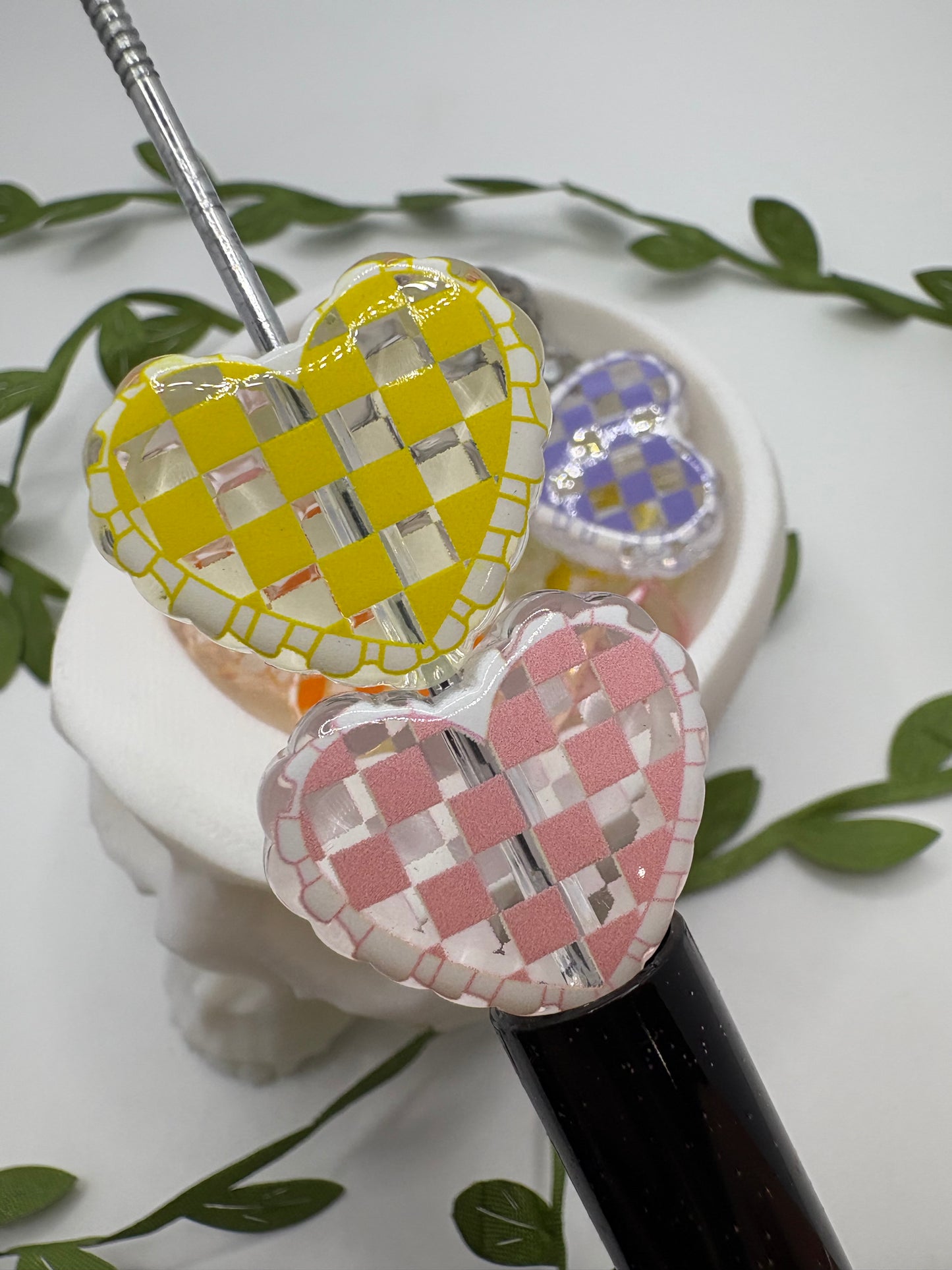 Checkered Heart beads, acrylic 21.5mm beads for pens, beading supplies, beading, mix colored hearts 5pc