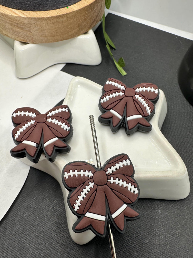 Football Bow bead, silicone focal bead, cute bead for pens, beadable items