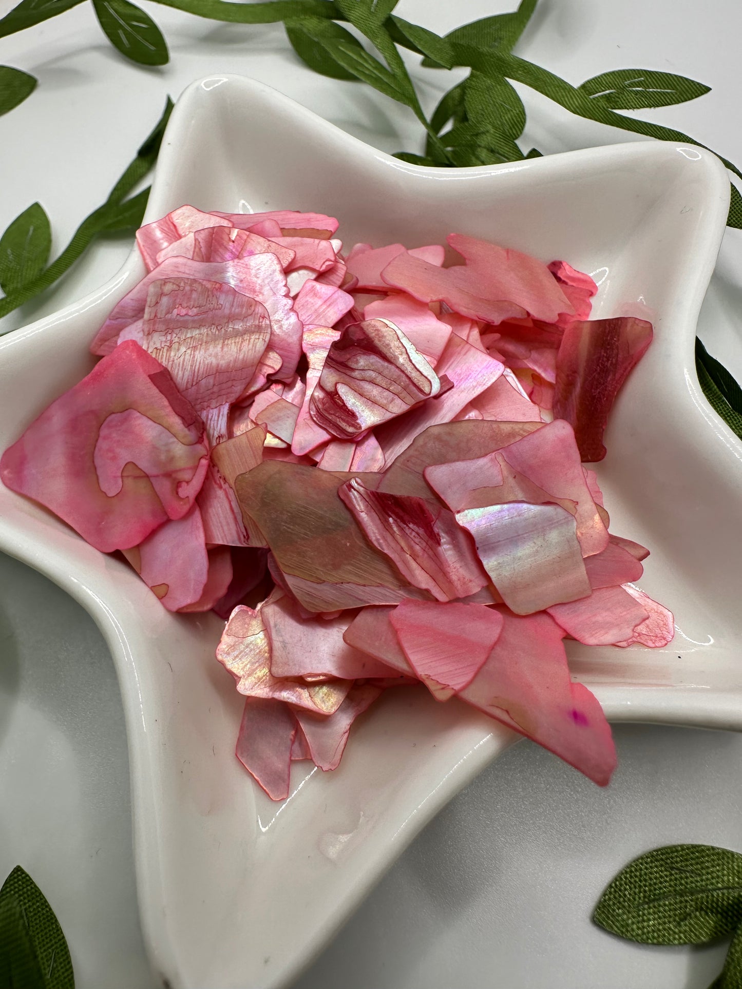 Pink dyed mother pearl flake shell, shiny shell flake, resin fillers, candle making supplies .5oz by weight