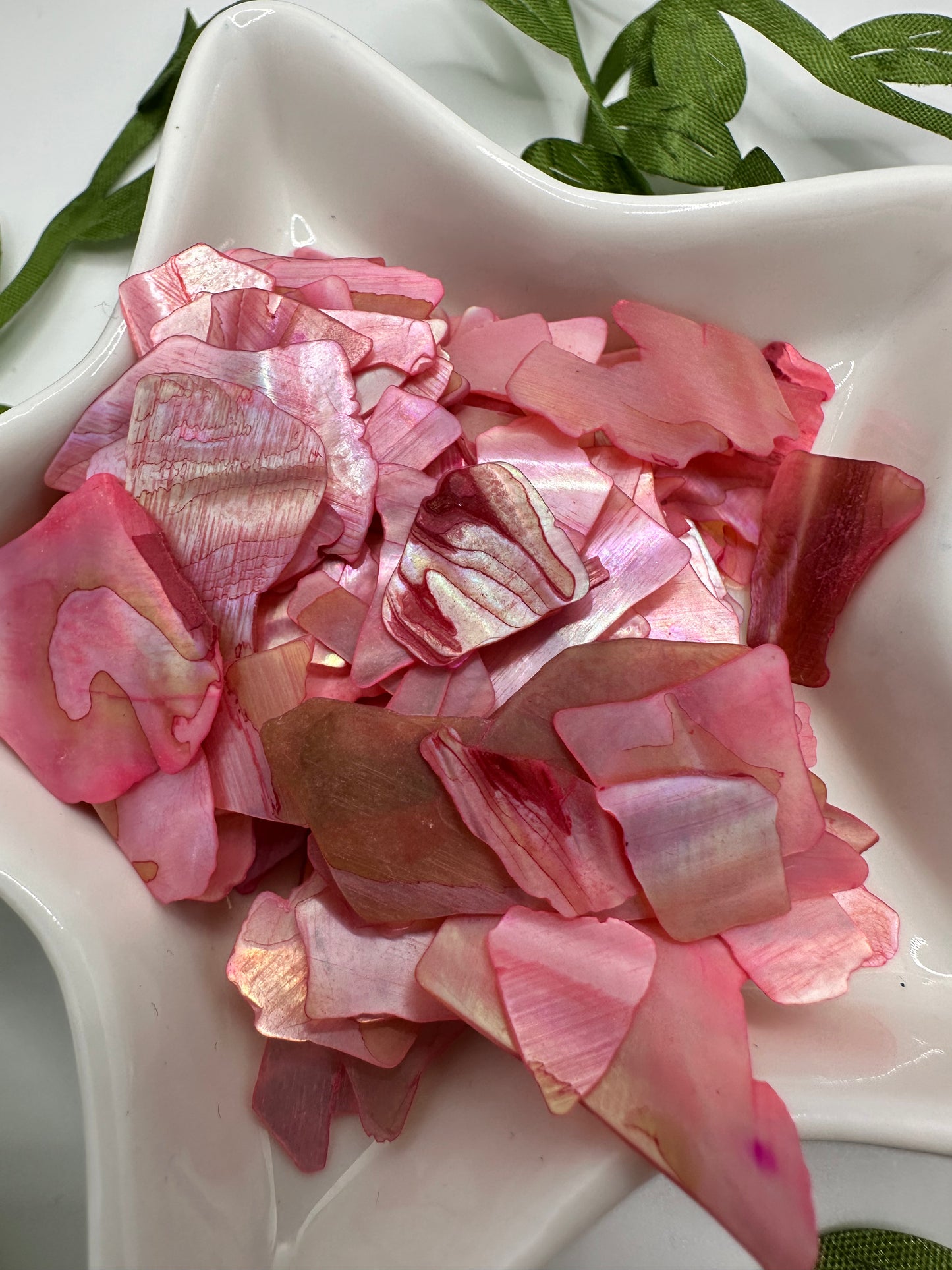 Pink dyed mother pearl flake shell, shiny shell flake, resin fillers, candle making supplies .5oz by weight