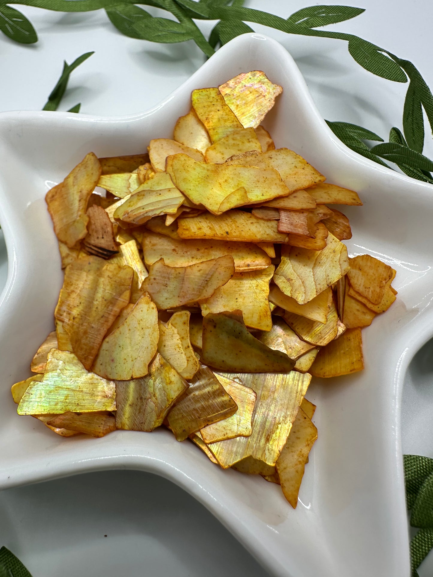 Yell-orange dyed mother pearl flake shell, shiny shell flake, resin fillers, candle making supplies .5oz by weight