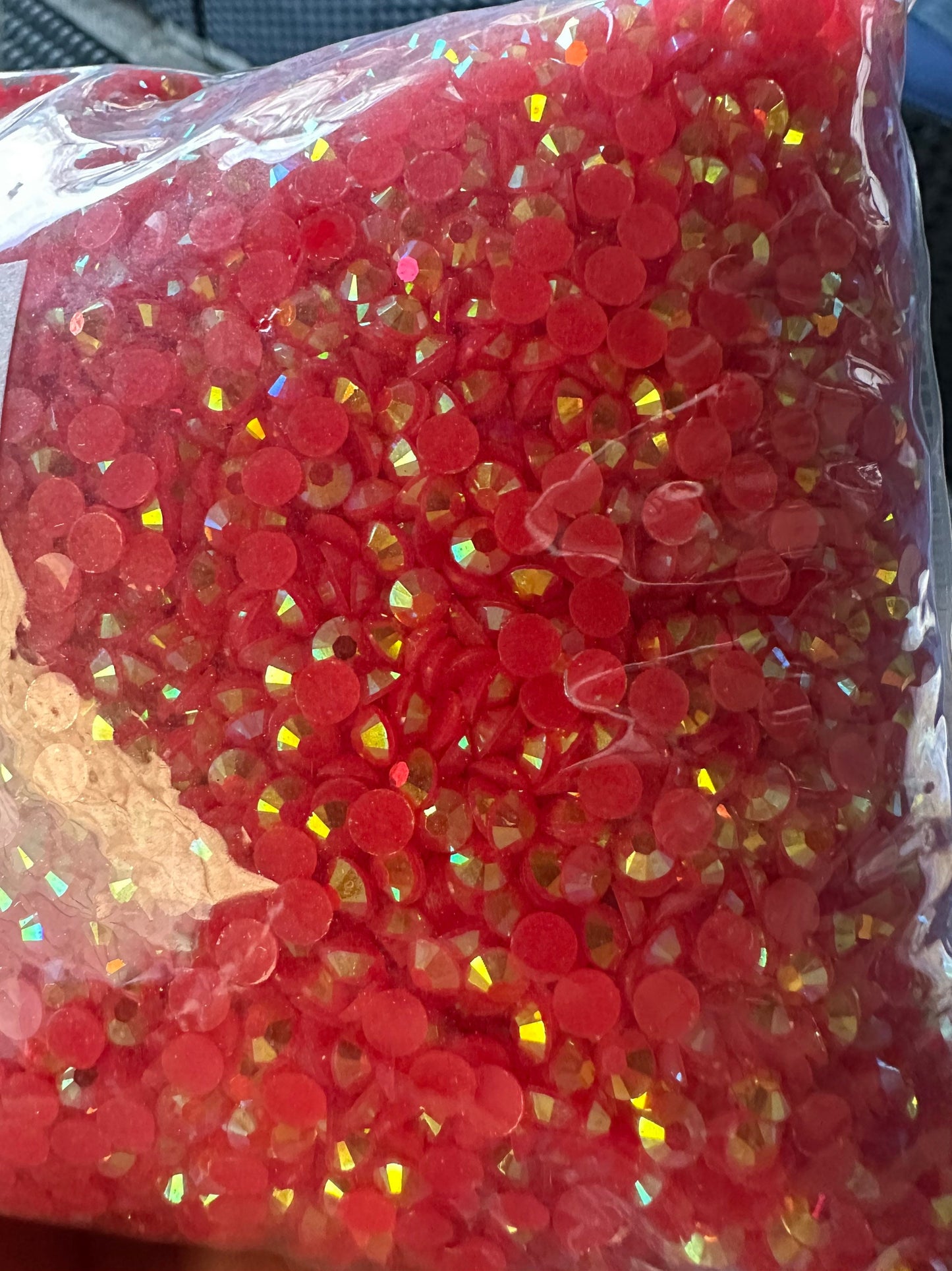 Golden strawberry, 5mm AB jelly rhinestones, 1oz by Wt. faceted flat back jelly resin rhinestones, non-hot fix