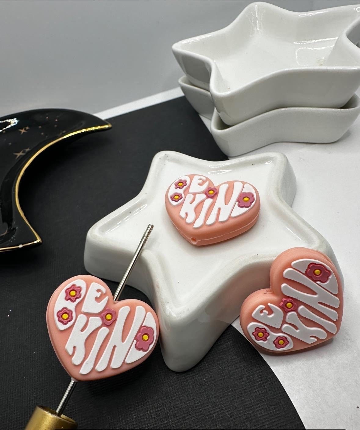 Silicone focal bead, be kind silicone bead, silicone bead for pens, crafting beads, bead supplies, focal, heart silicone supply bead