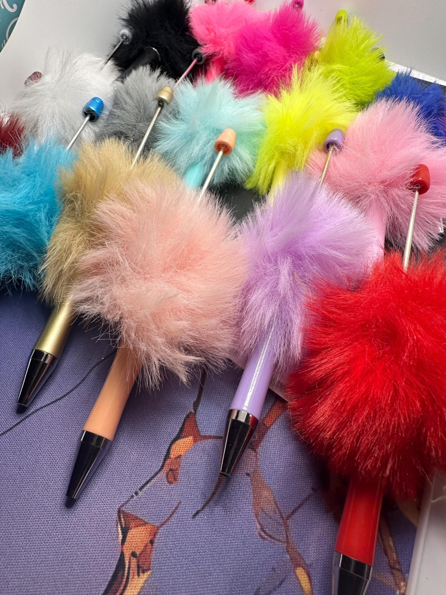 Faux Fur Fluff Pens, Beadable pen blank, black ink, pen for silicone beads, for acrylic beads, pens for crafting, beadable blanks supplies