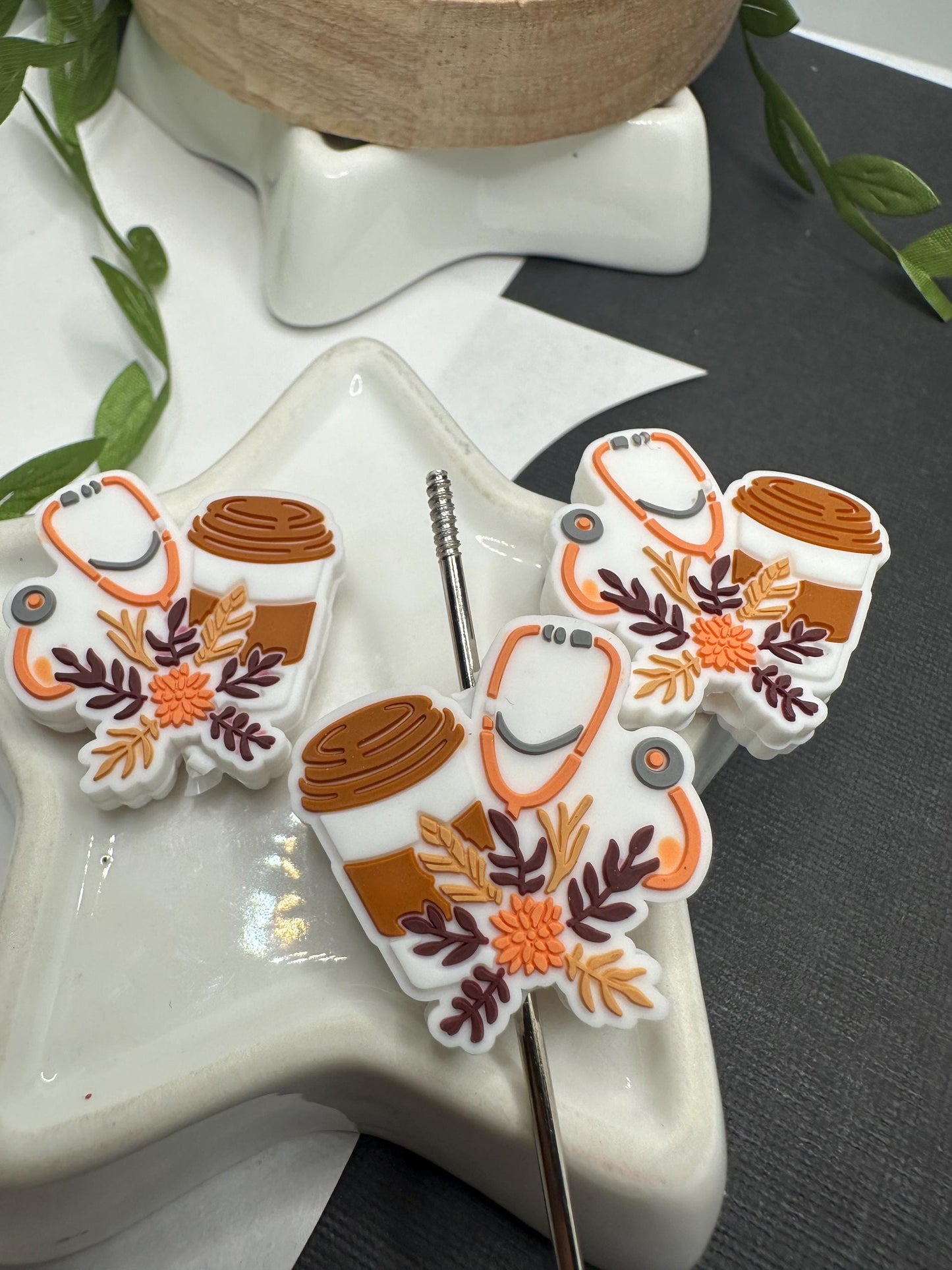 Fall medical and coffee focal bead, stethoscope, coffee floral, Silicone focal bead, bead supply single bead, Medical bead Focal 27mm