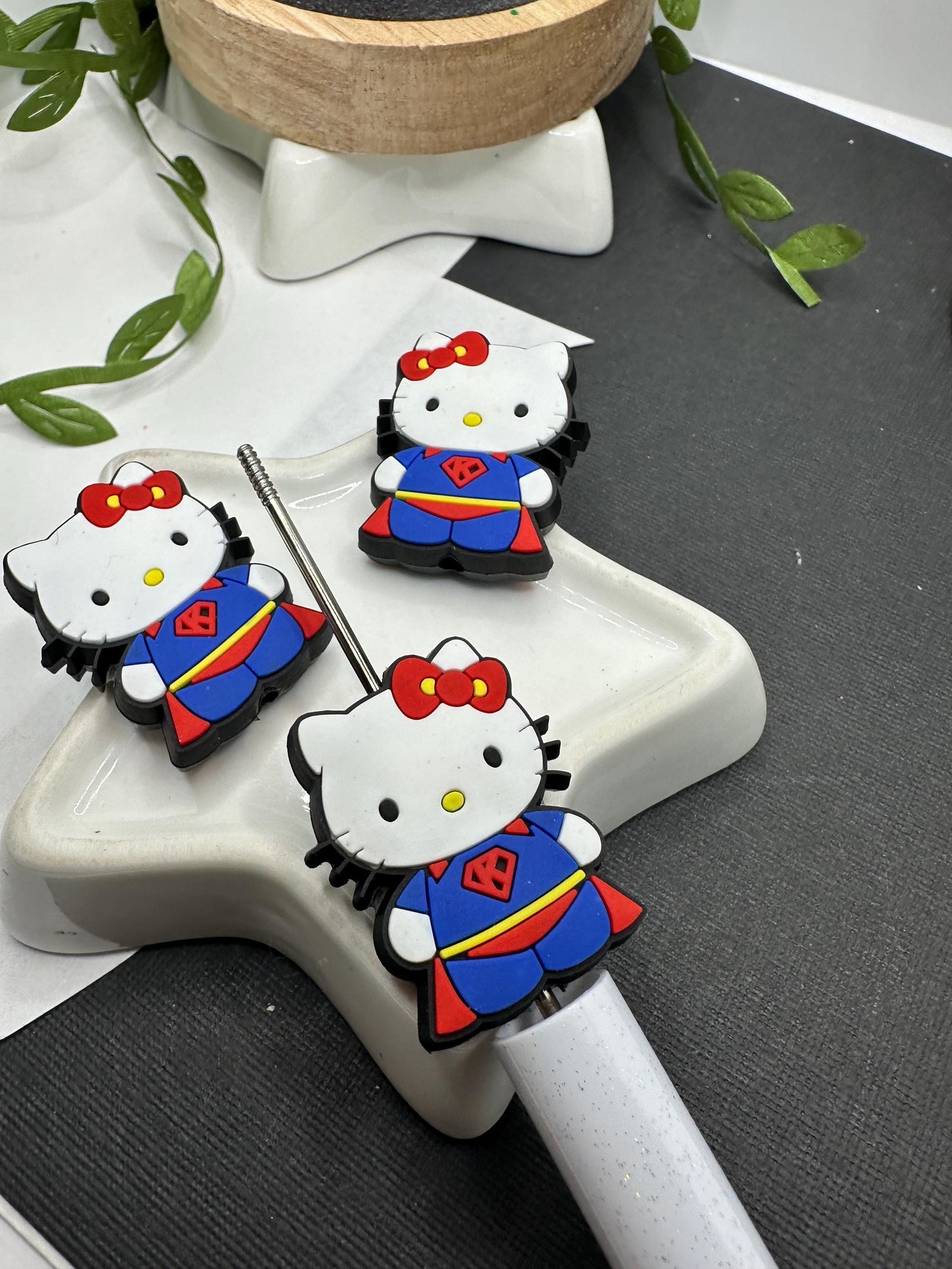 Silicone focal bead, kitty superhero costume bead, cute bead for pens, bead for beadable items, hk bead double sided hello cat silicone bead