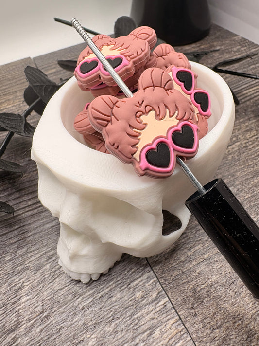 Girl Heart Shaped Glasses, Silicone focal bead, silicone bead, silicone bead for pens, crafting beads, supplies silicone supply bead 27.5mm