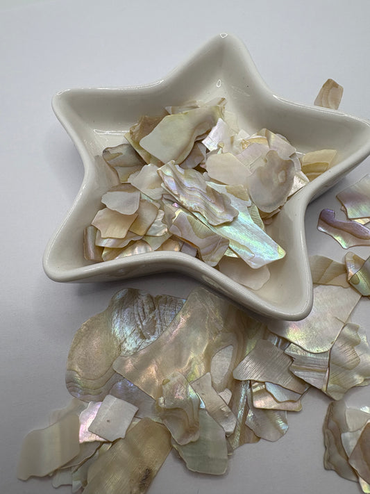 White mother pearl flake shell, shiny shell flake, resin fillers, candle making supplies .5oz by weight