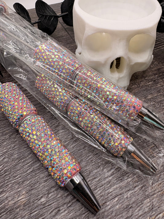 Pink and AB Rhinestone Bling Pen blank: Beadable black ink, pen for beading crafts