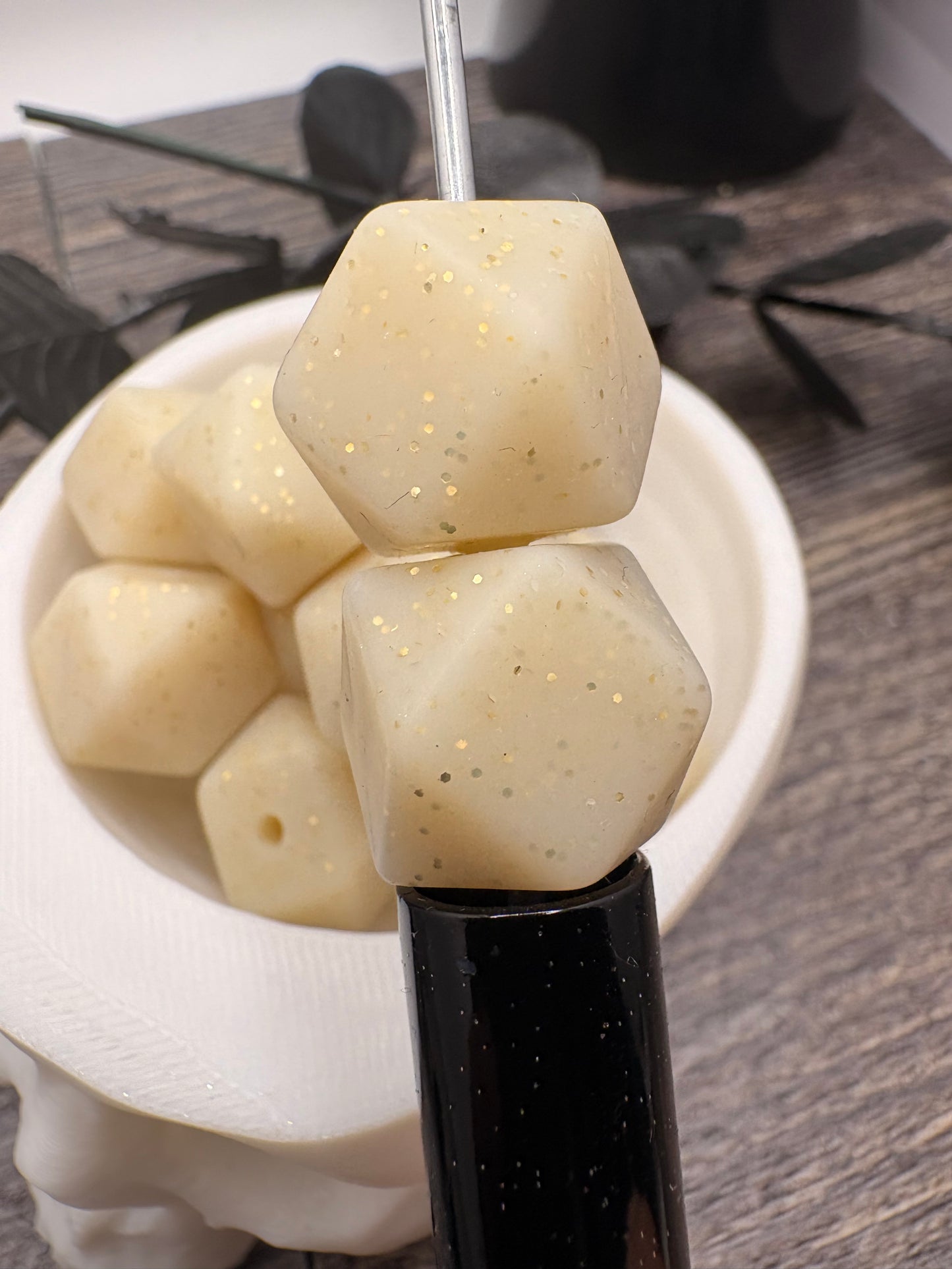 Gold nude hexagon glitter bead, 14.5mm beads for pens, beading supplies, pvc silicone beads