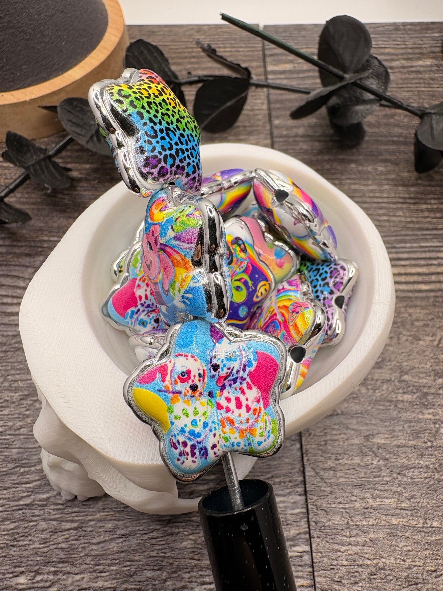 Rainbow Lisa printed beads, acrylic beads for pens, beading supplies, beading, fancy 24mm, 5pc