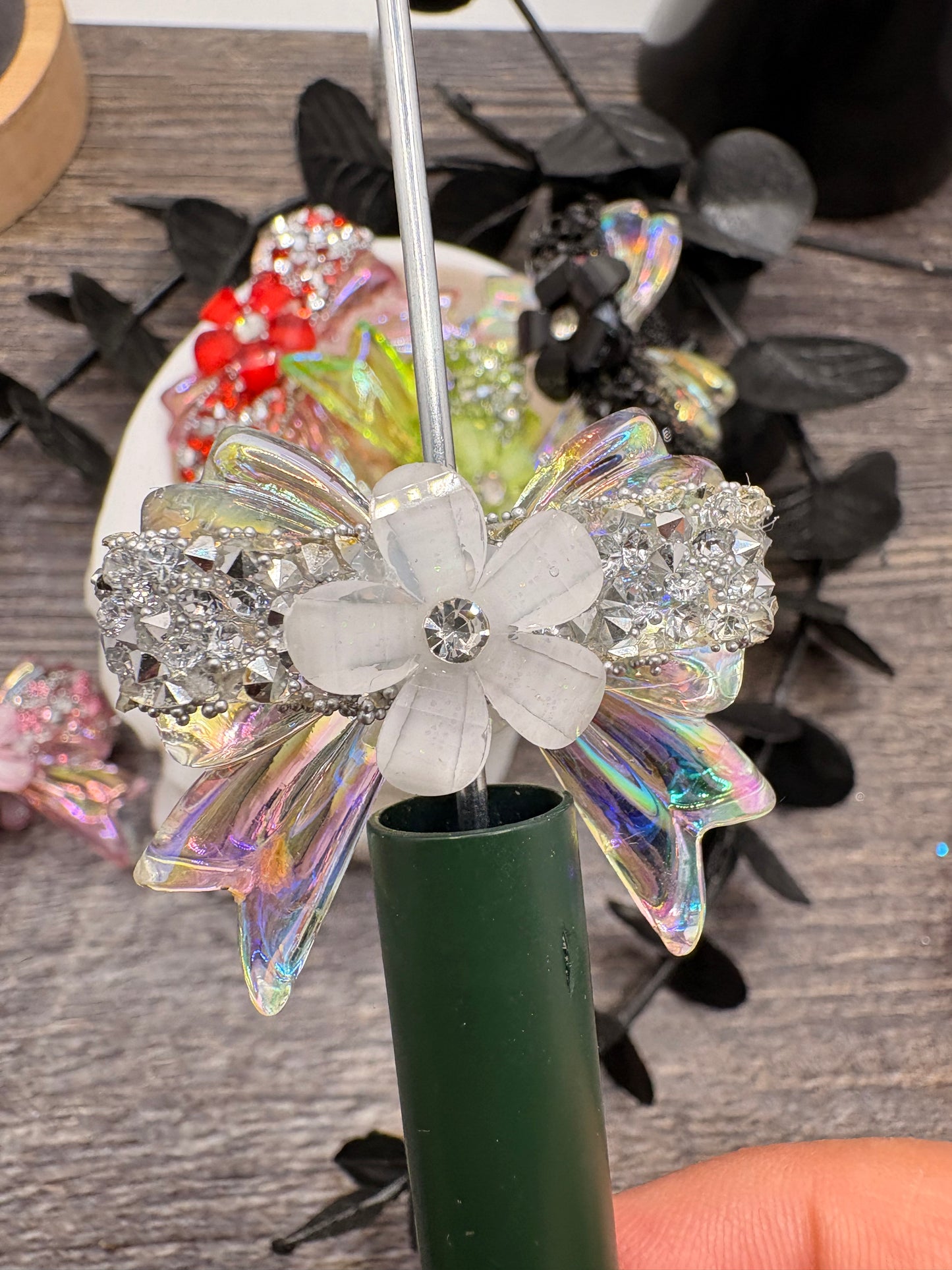 Sugar and Silver Rhinestone Bows: Bows and  Flower Bead, 32mm, 1pc