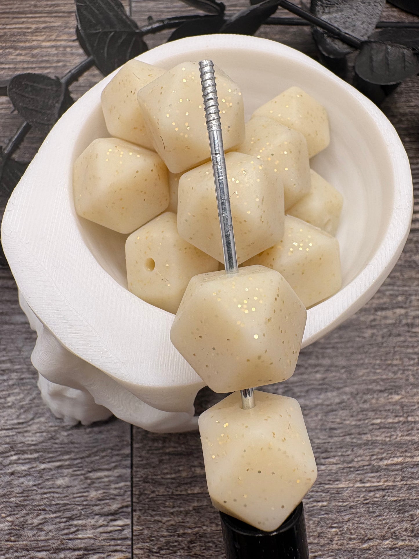 Gold nude hexagon glitter bead, 14.5mm beads for pens, beading supplies, pvc silicone beads