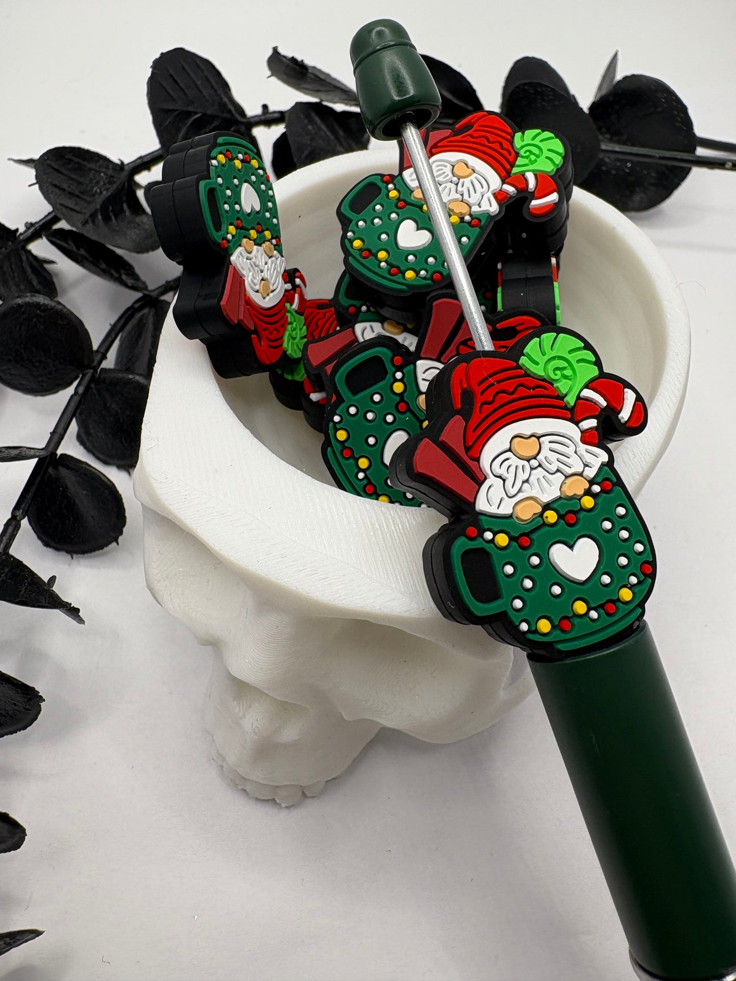 Christmas Gnome Mug Bead, Silicone focal bead, cute bead for pens, double sided print 30mm, 1pc