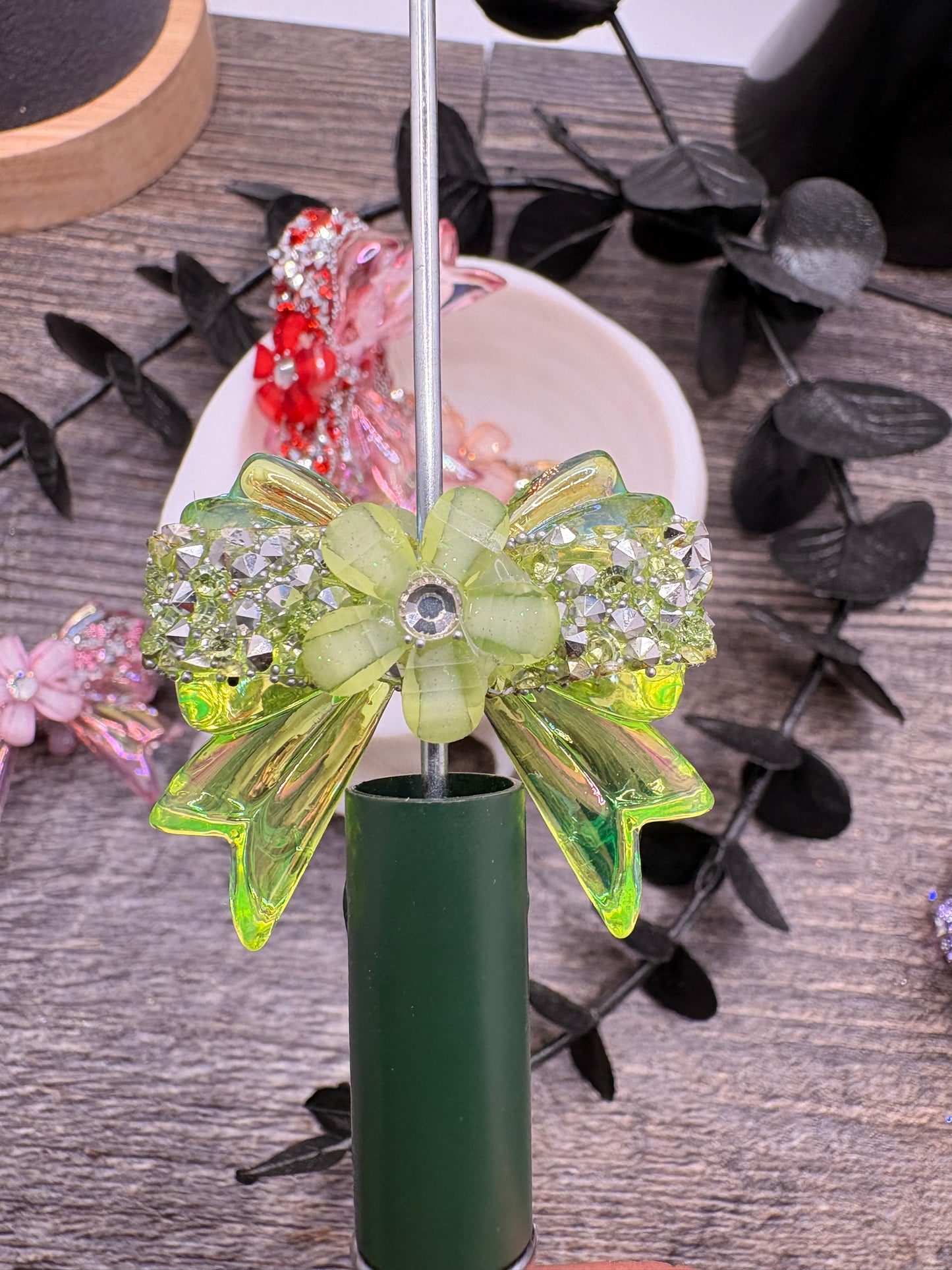 Sugar and Silver Rhinestone Bows: Bows and  Flower Bead, 32mm, 1pc