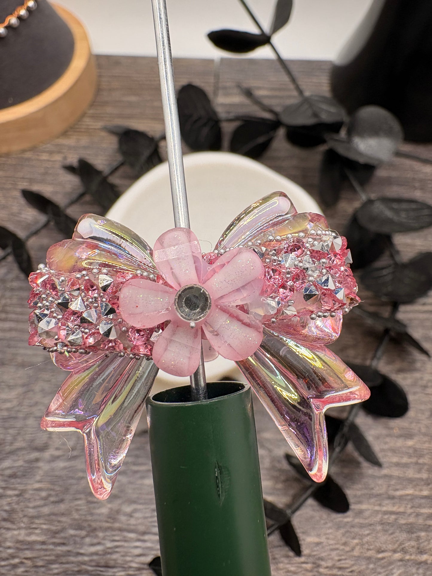 Sugar and Silver Rhinestone Bows: Bows and  Flower Bead, 32mm, 1pc