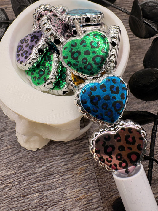 Leopard Heart beads, acrylic 19.5mm beads for pens, beading supplies, beading, mix colored hearts 5pc