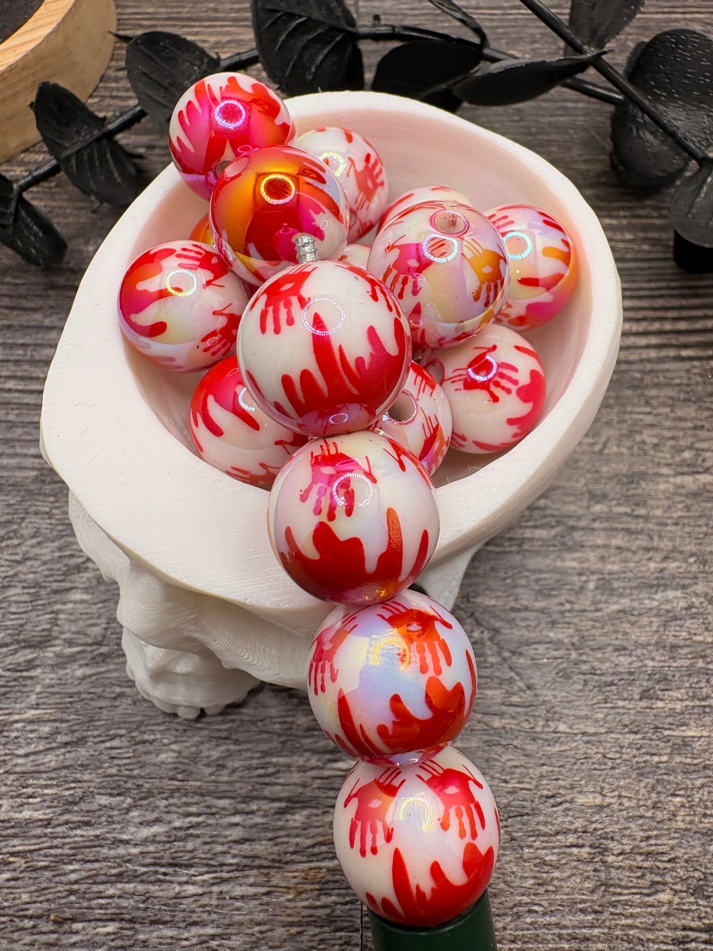 Handprint Red Splattered UV bubblegum bead, acrylic 16mm beads for pens