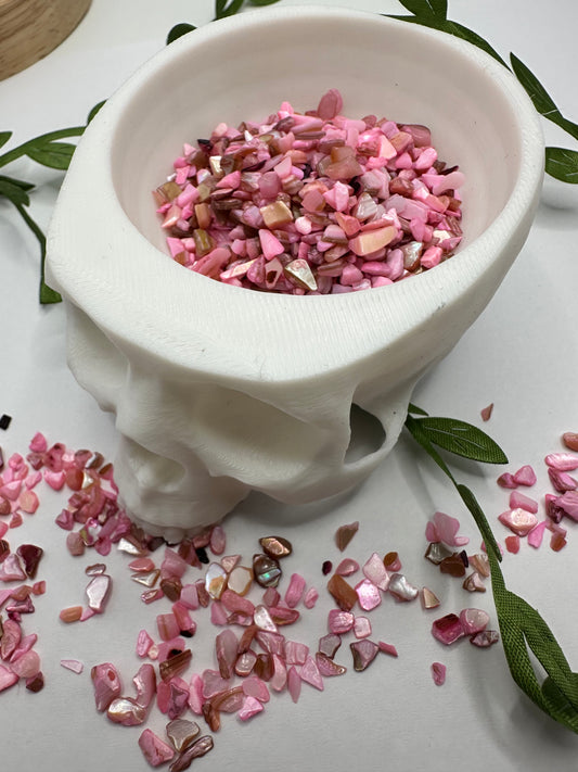 Pink dyed shell chip mix, filler, crafting chips, natural shell mix glossed chips, resin fillers, candle making supplies 1oz by weight