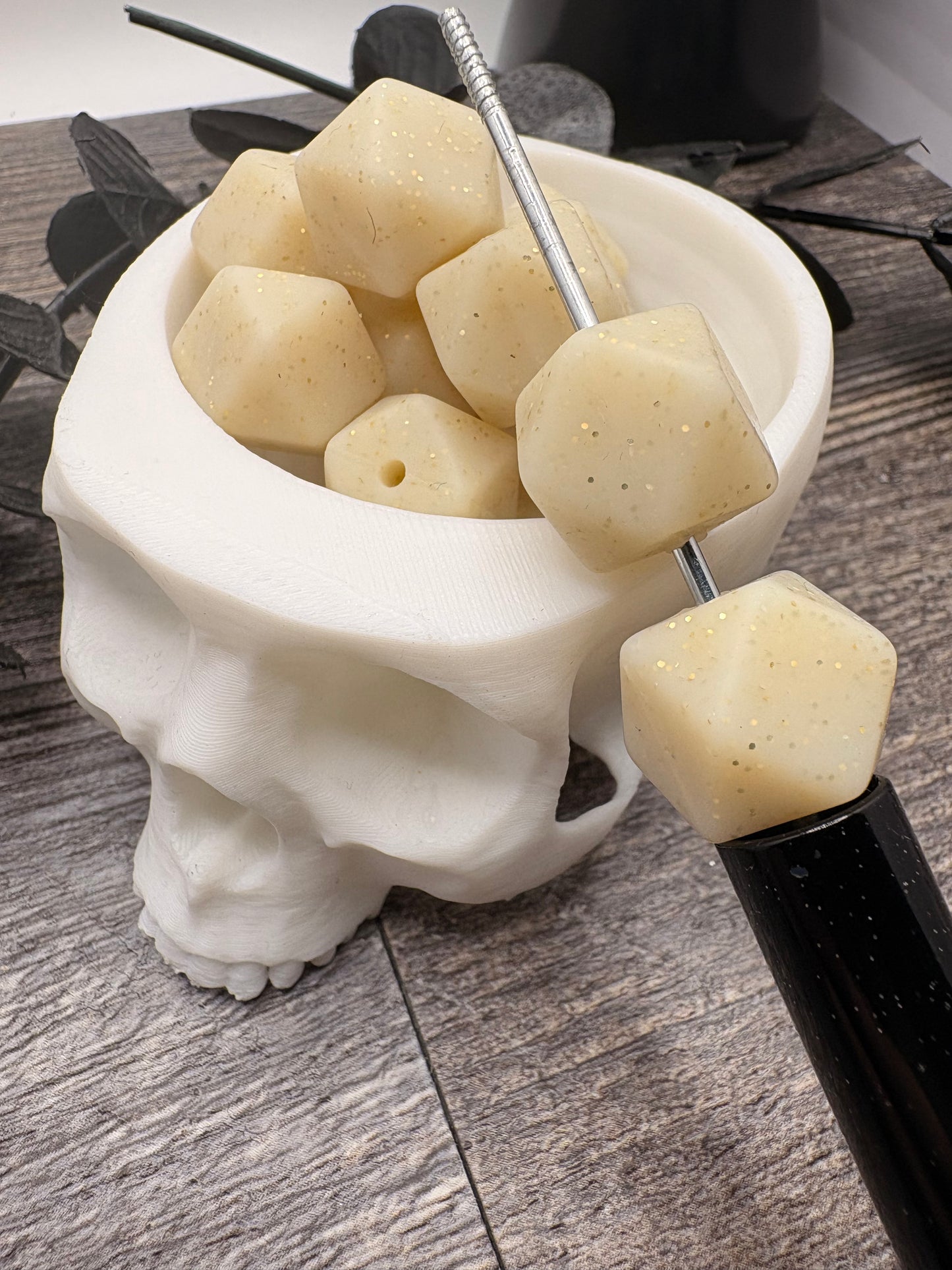 Gold nude hexagon glitter bead, 14.5mm beads for pens, beading supplies, pvc silicone beads