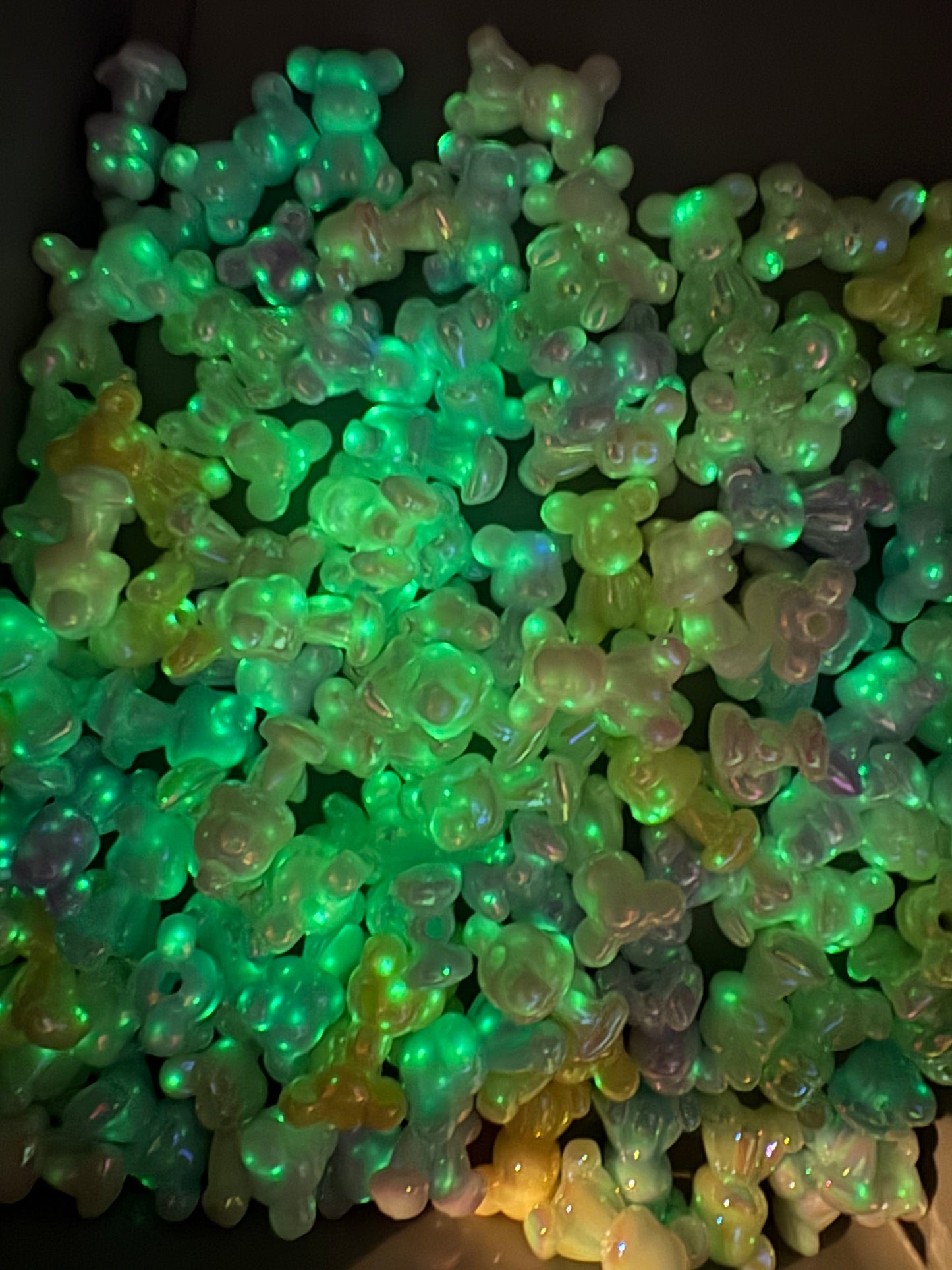 UV star glow mini pastel bear beads, color mix 5pc, 24mm, star speckled glow, 2.5mm hole