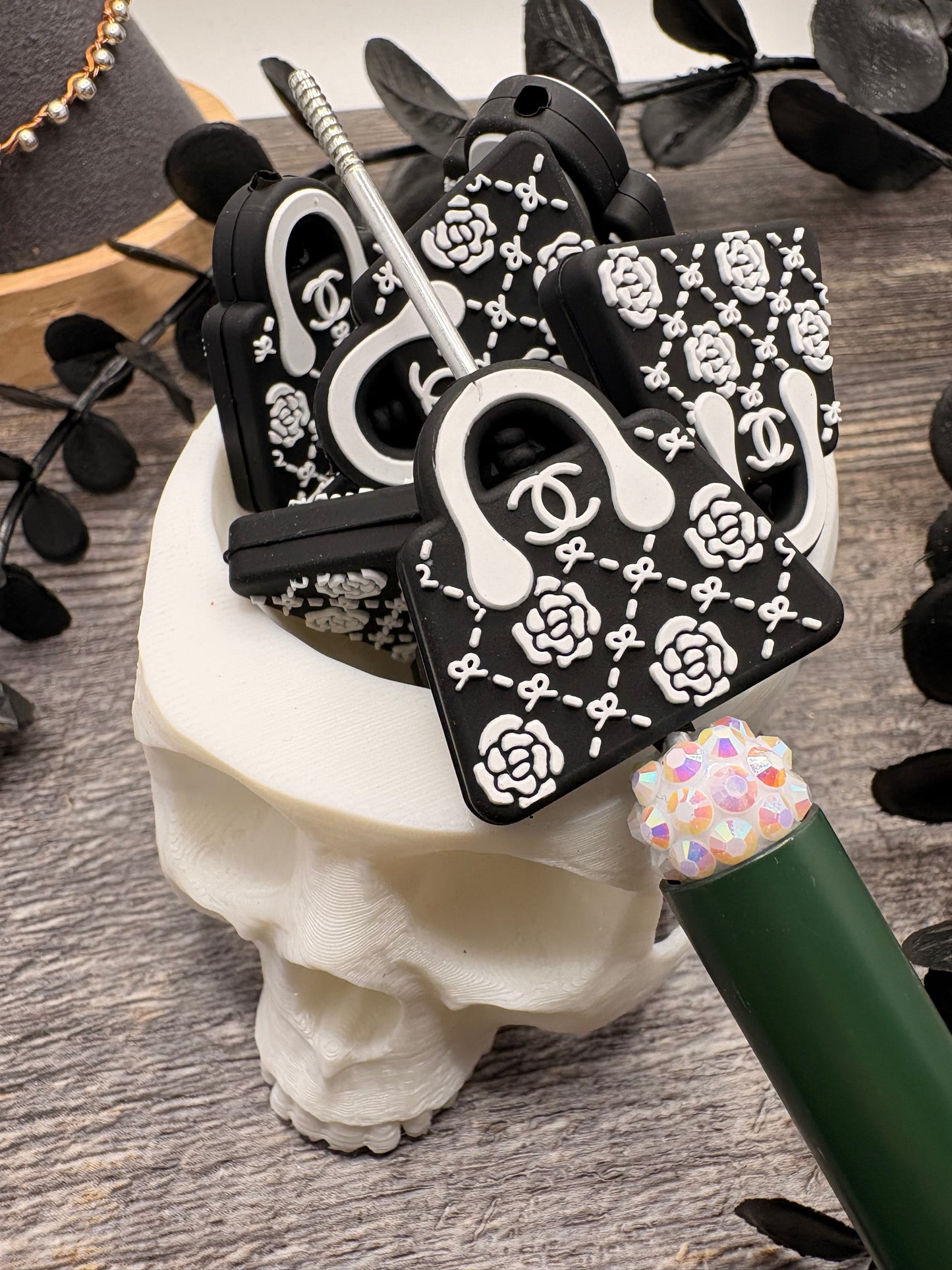 Fancy Black and White Rose Purse bead, Silicone focal, silicone bead for pens, crafting beads, supply focal, 27.5mm, 1pc