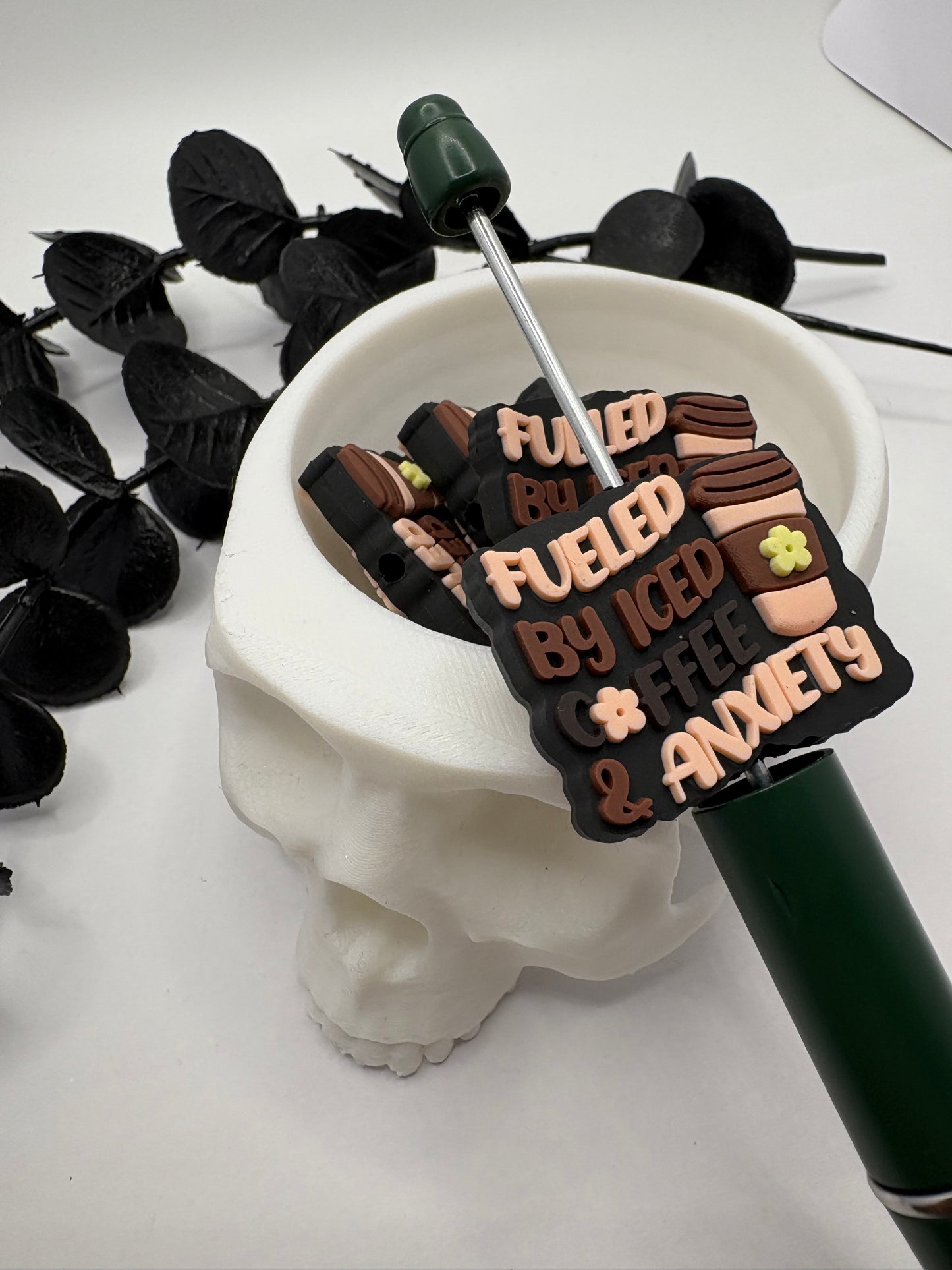 Fueled by coffee funny Bead, Silicone focal bead, cute bead for pens, double sided print 30.5mm, 1pc