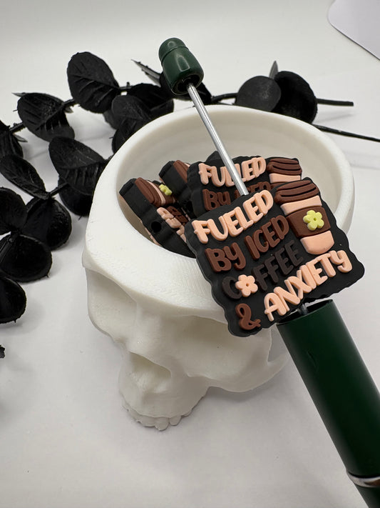 Fueled by coffee funny Bead, Silicone focal bead, cute bead for pens, double sided print 30.5mm, 1pc