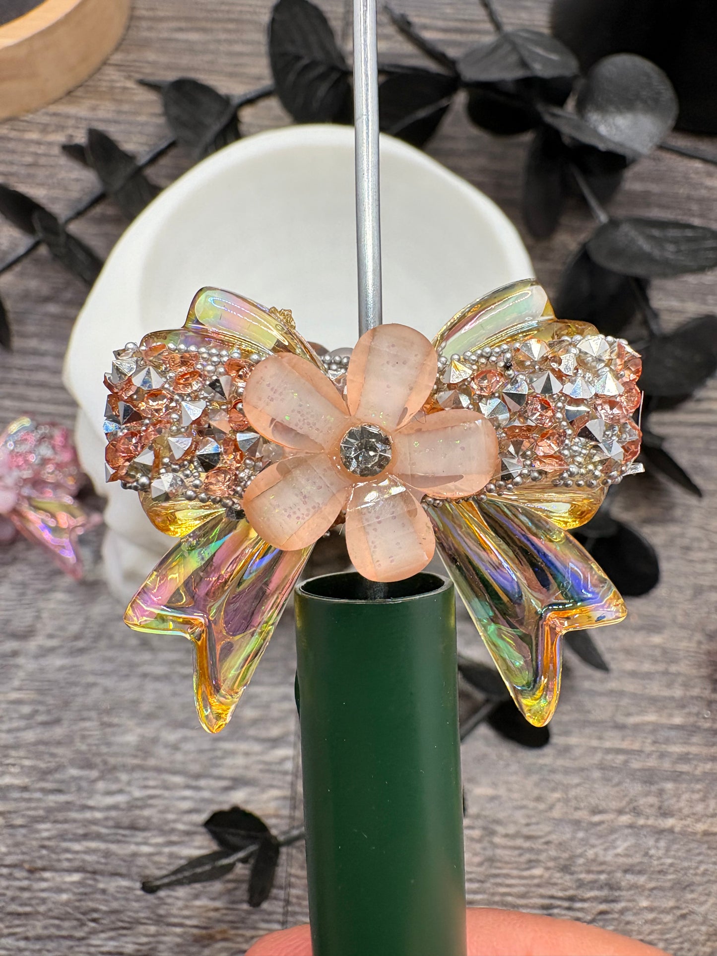 Sugar and Silver Rhinestone Bows: Bows and  Flower Bead, 32mm, 1pc