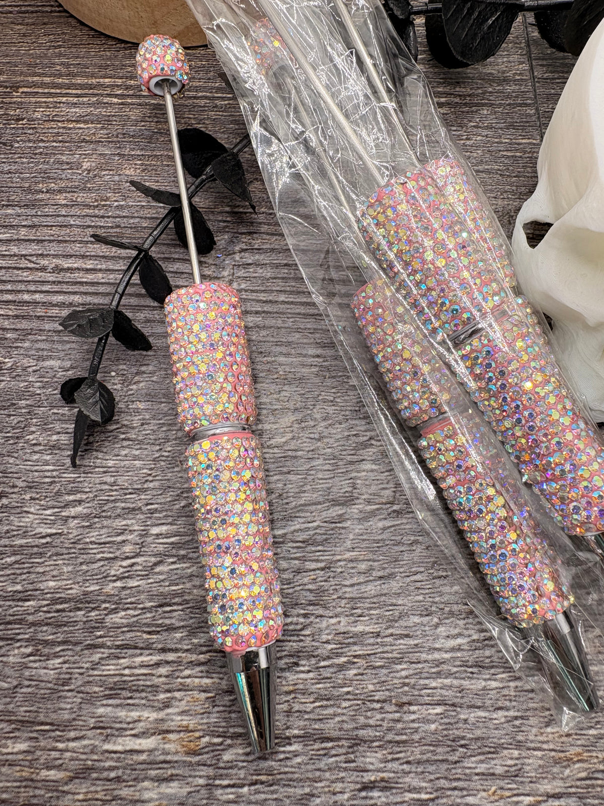 Pink and AB Rhinestone Bling Pen blank: Beadable black ink, pen for beading crafts