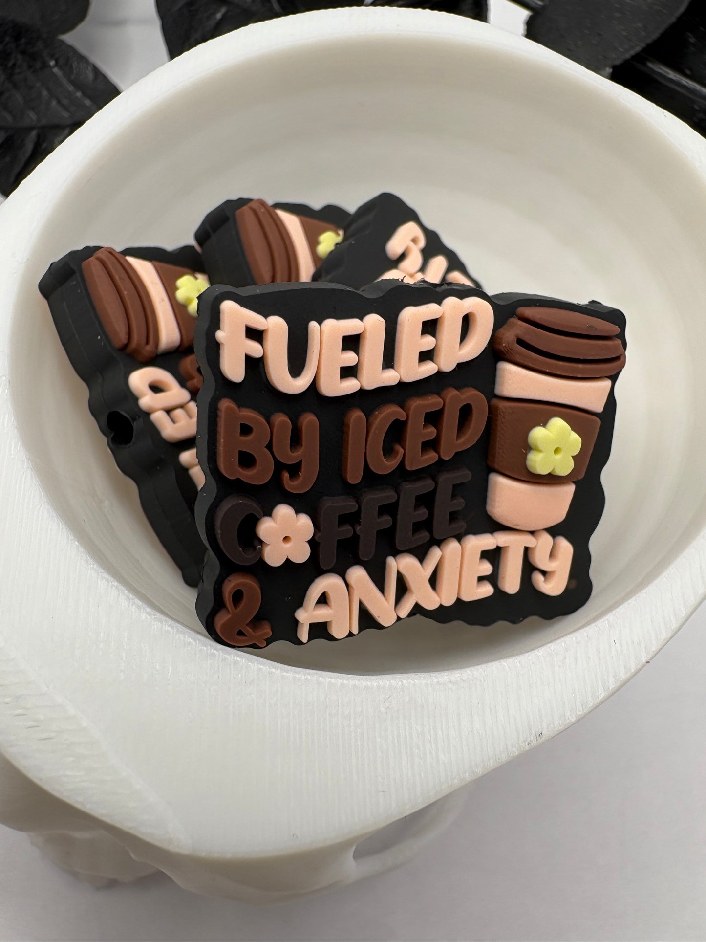 Fueled by coffee funny Bead, Silicone focal bead, cute bead for pens, double sided print 30.5mm, 1pc