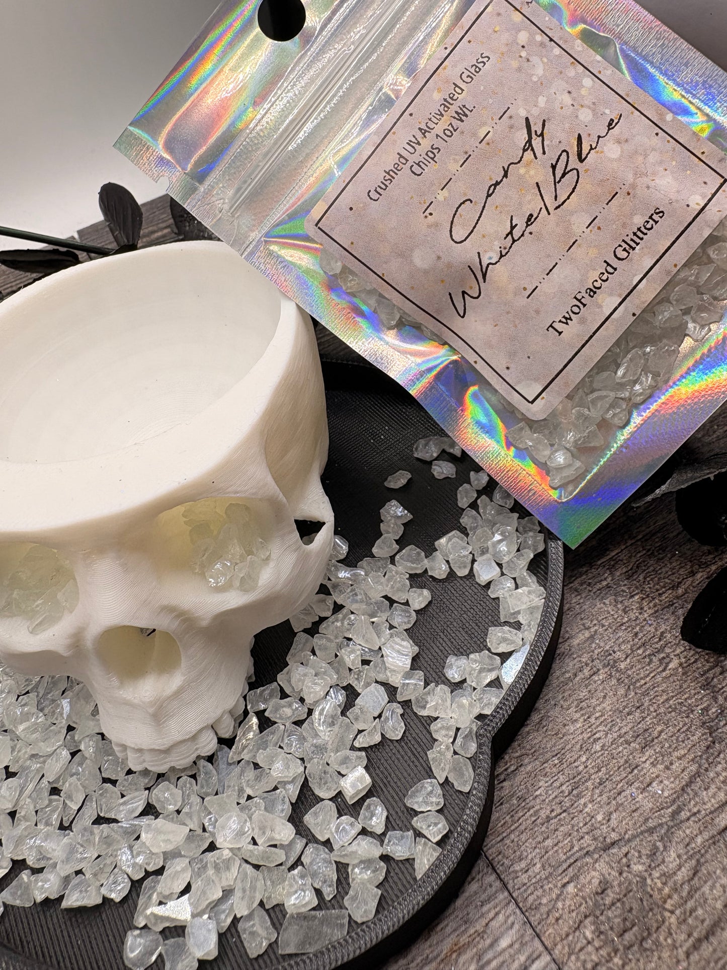 Candy White: UV Activated Blue Glow Crushed glass 1oz Wt. Not edible