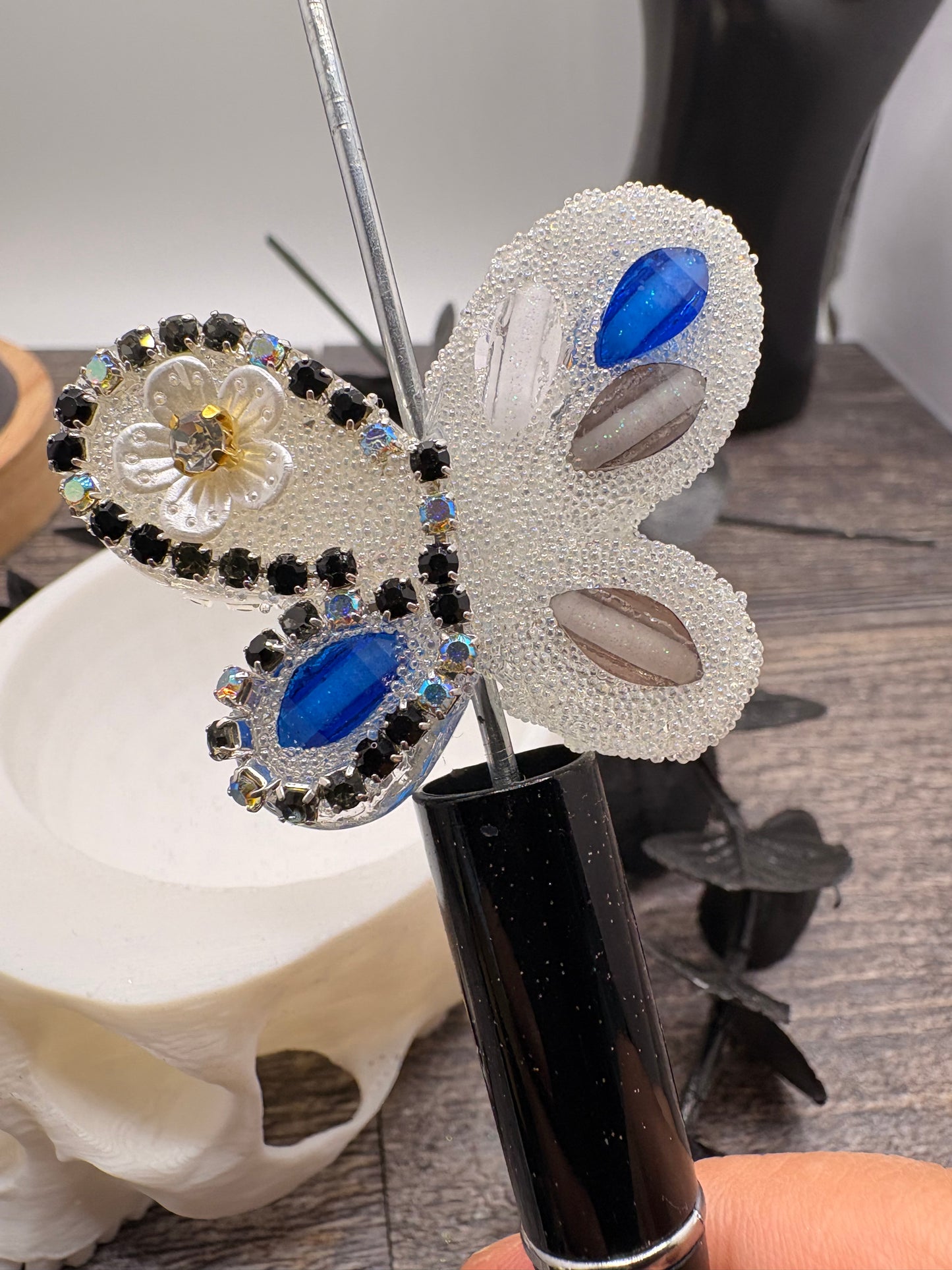 Custom White Bling Butterfly Bead, 33.5mm, 1pc