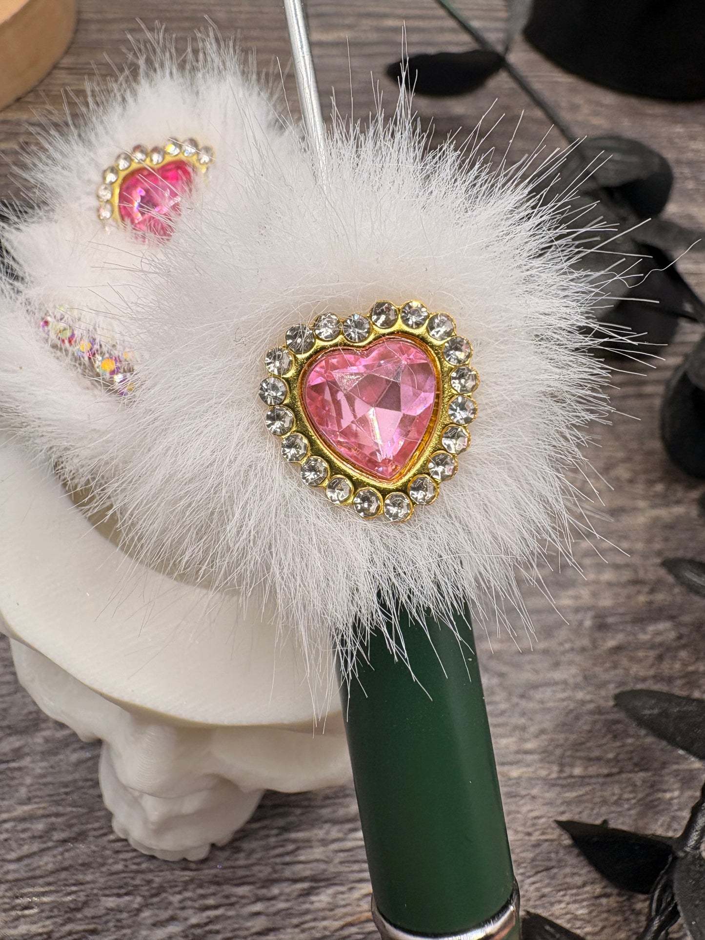 Faux Fluff Jeweled Heart Bead: 22.5mm beads for pens, beading supplies, beading, 1pc