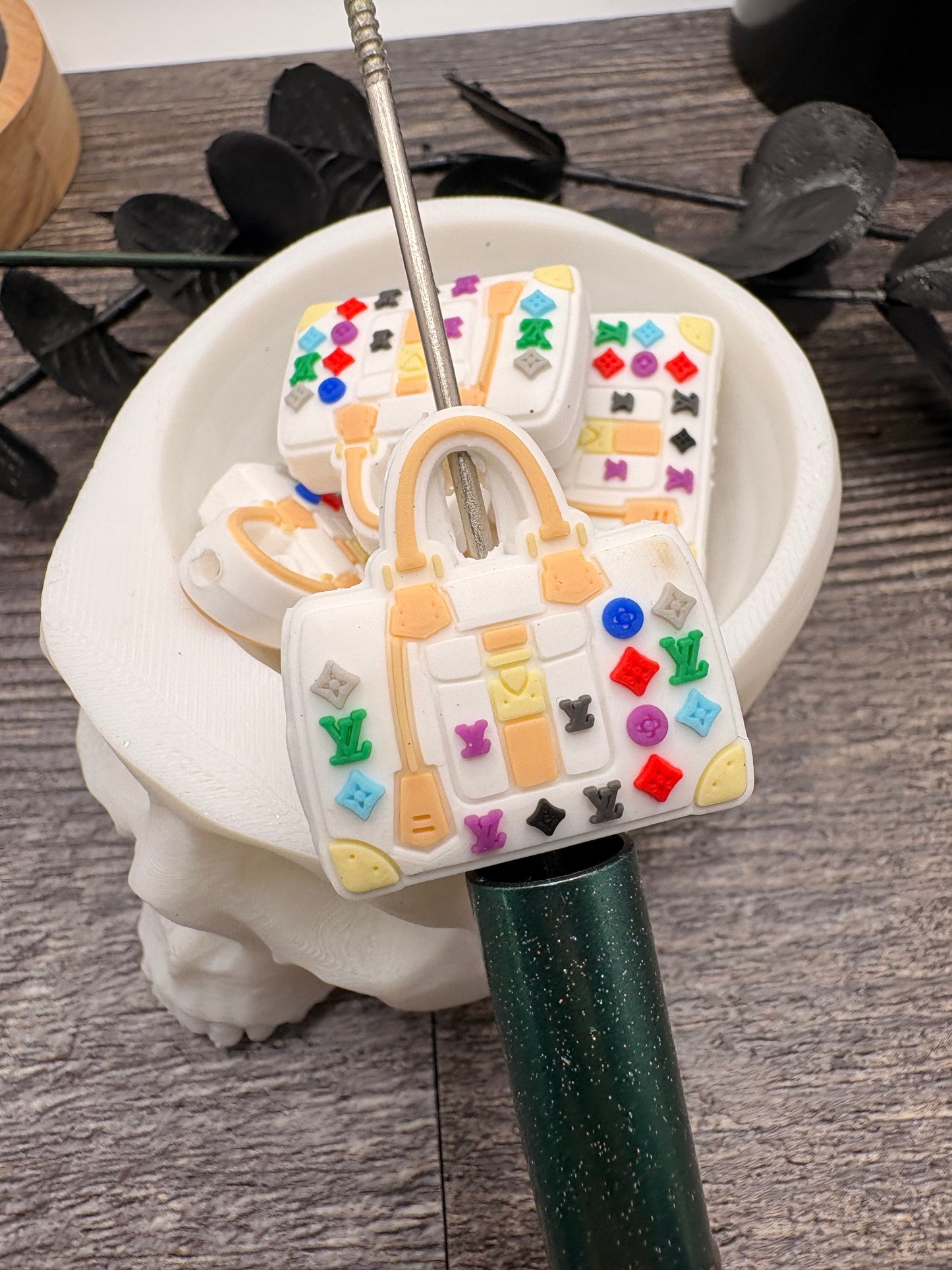 White Fancy LV bag colorful bead, Silicone focal, silicone bead for pens, crafting beads, supply focal, 30mm, 1pc