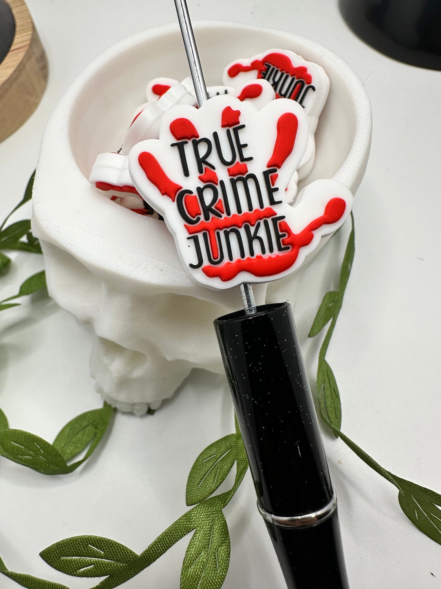 Crime Junkie focal bead, silicone bead, silicone bead for pens, crafting beads, supplies, focal, silicone supply bead 28mm